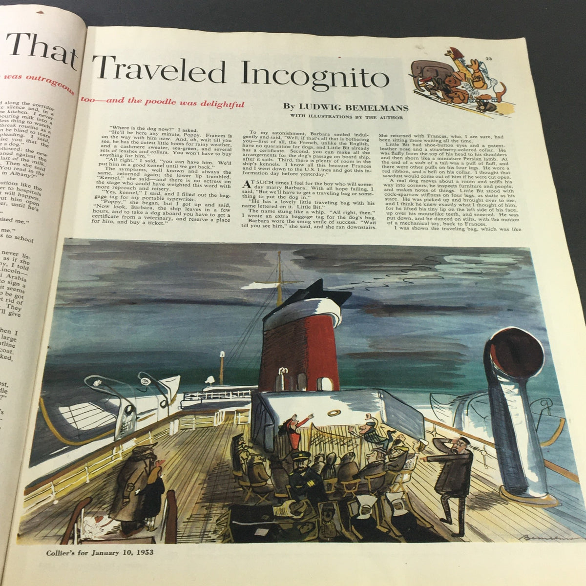 Illustrated article from VTG Collier's Magazine January 10 1953 titled 'That Traveled Incognito', featuring a boat and characters in a nautical setting.