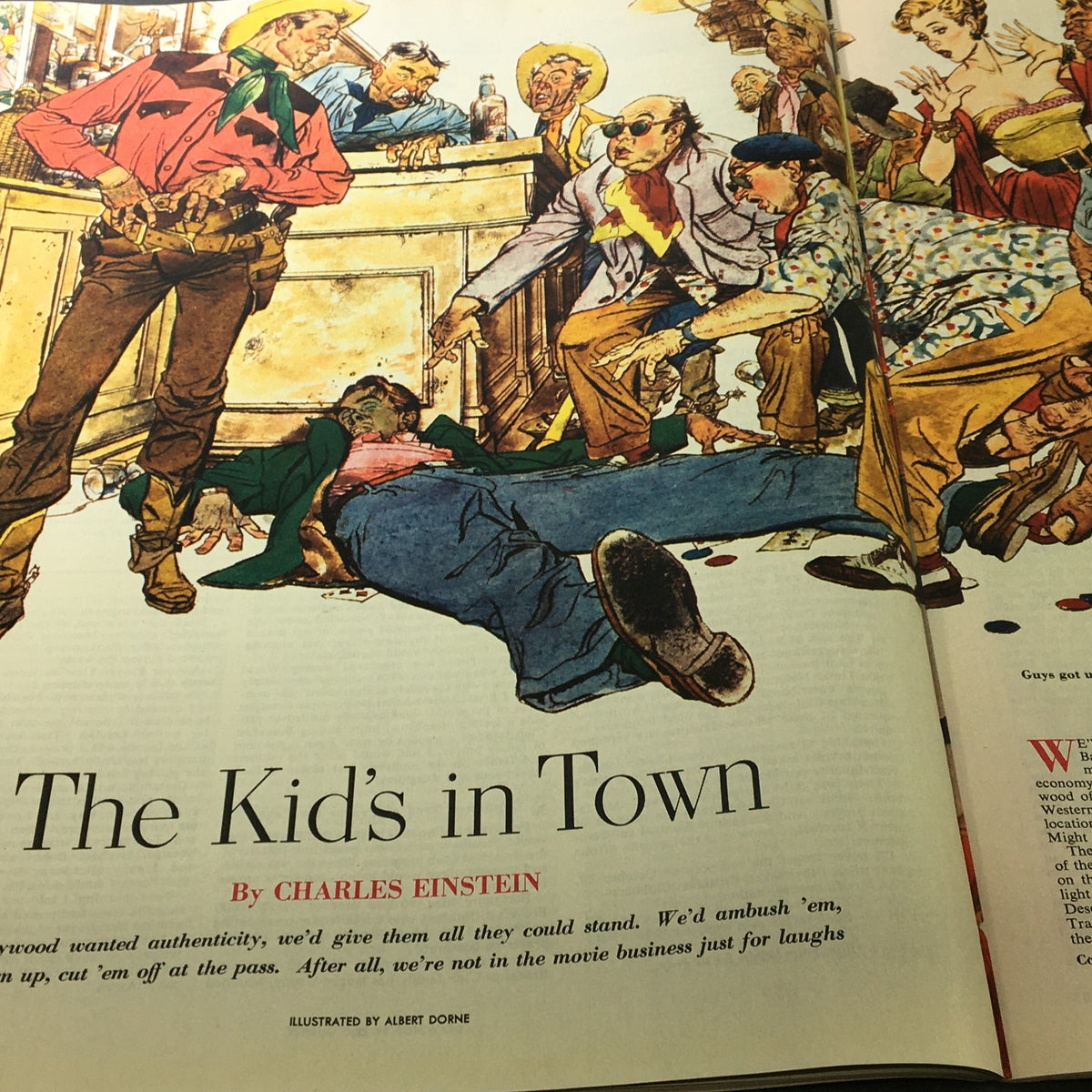 Colorful illustration from VTG Collier's Magazine January 10 1953 titled 'The Kid's in Town', depicting a lively Western-themed bar scene.