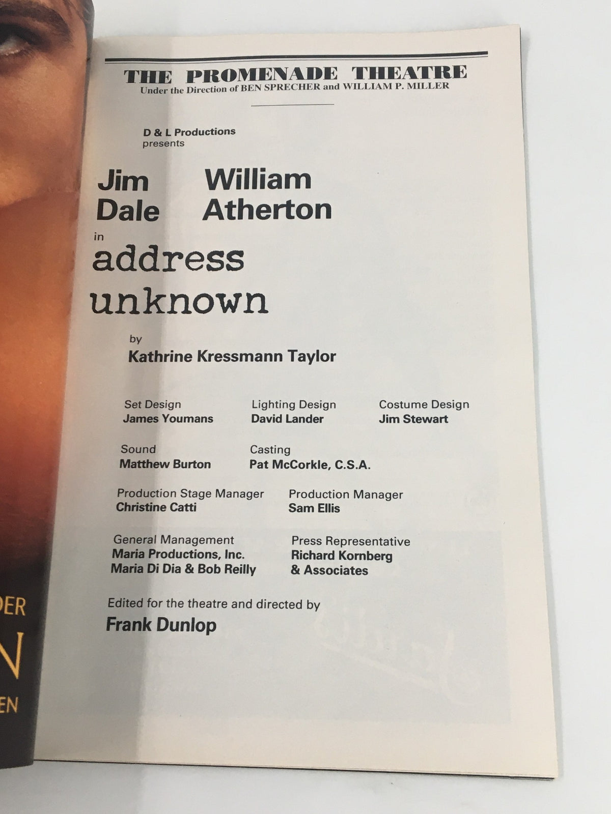 Theatrical program page from the 2004 Playbill for The Promenade Theatre showcasing Jim Dale and William Atherton in 'Address Unknown,' including cast details and production credits.