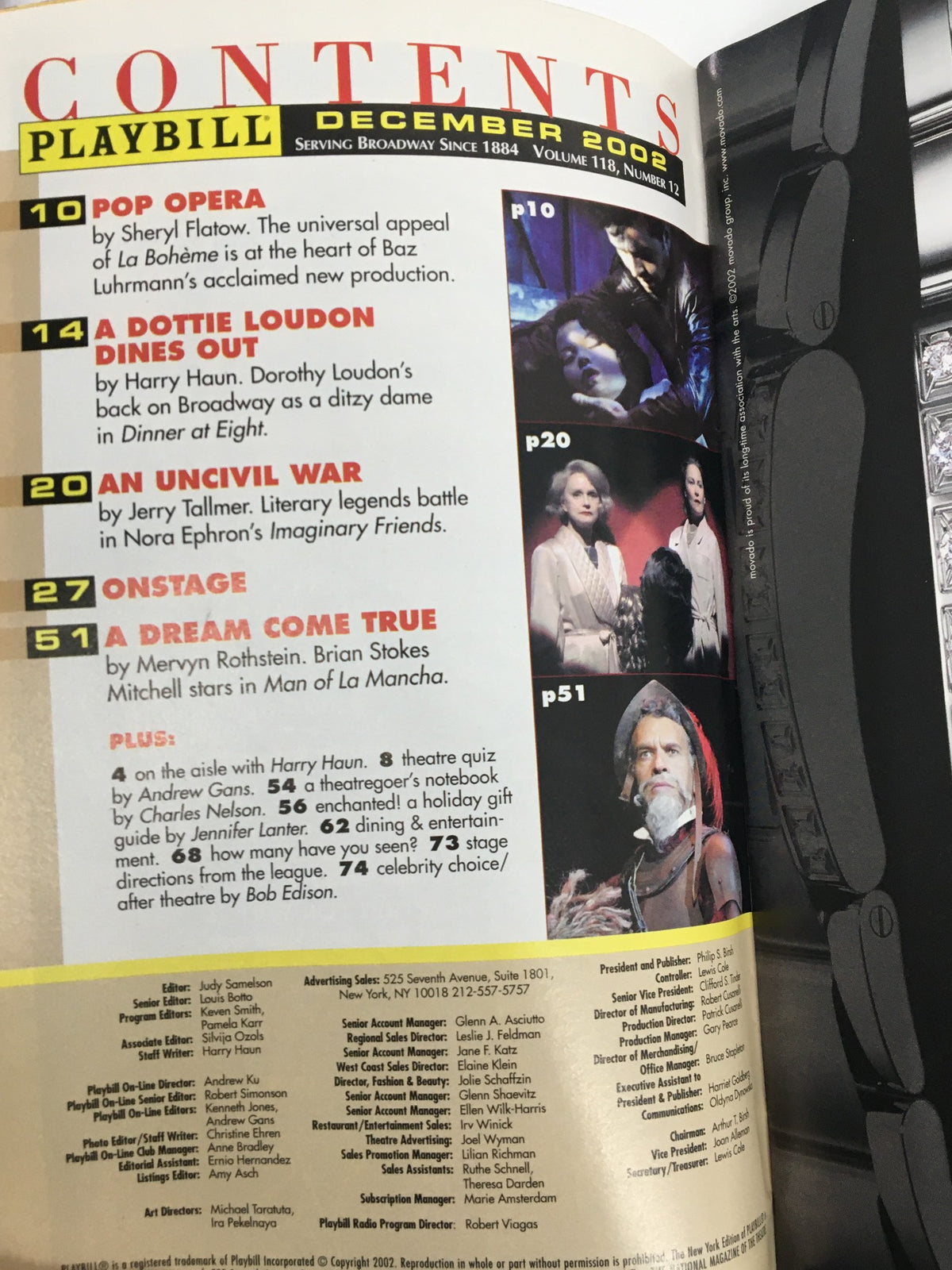 Contents page of the December 2002 Playbill from the Little Shubert Theatre, featuring various articles and information related to the show Tommy Tune in White Tie and Tails.