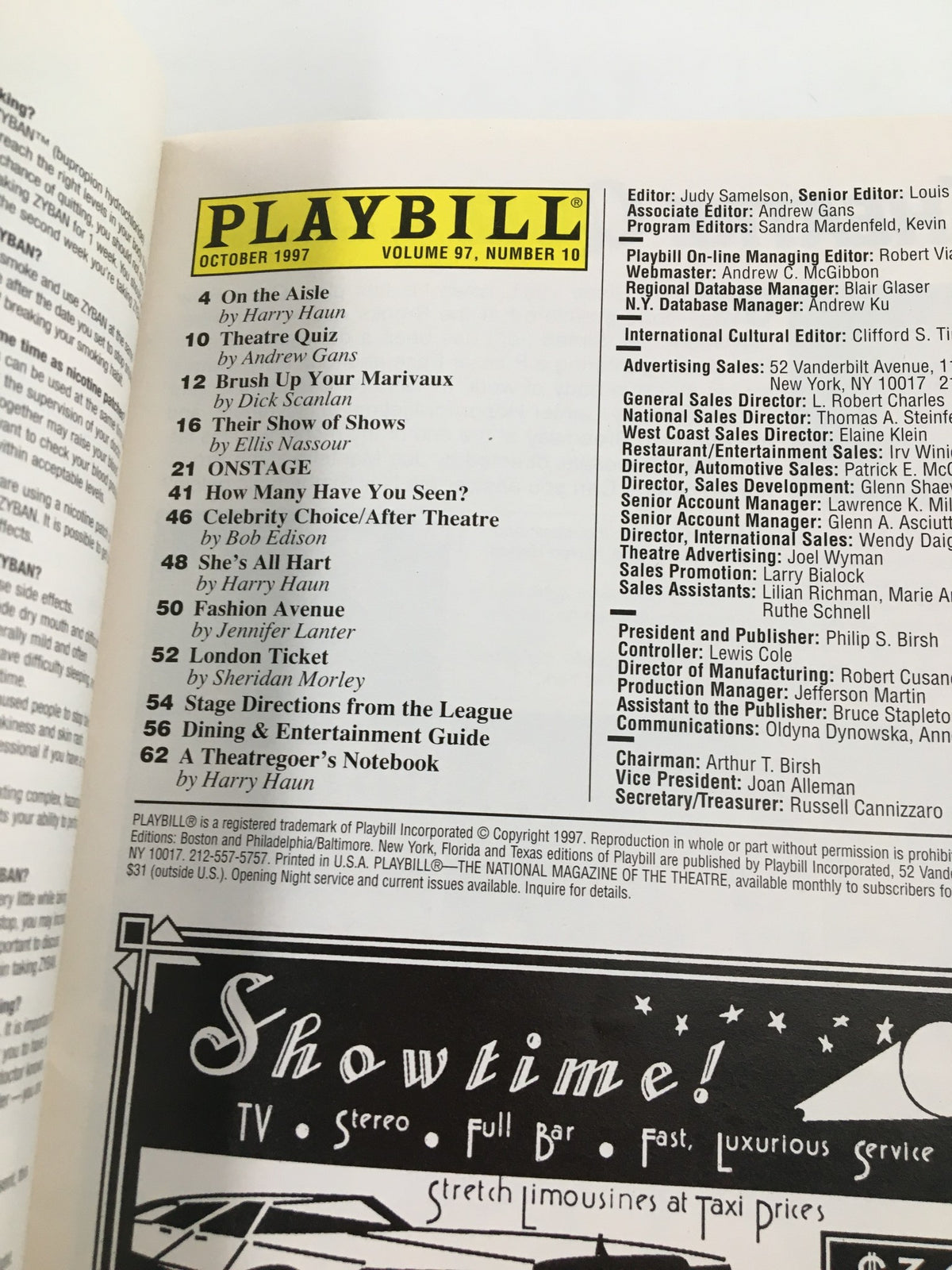 1997 Playbill The American Place Theatre contents page showcasing volume details and theater articles.