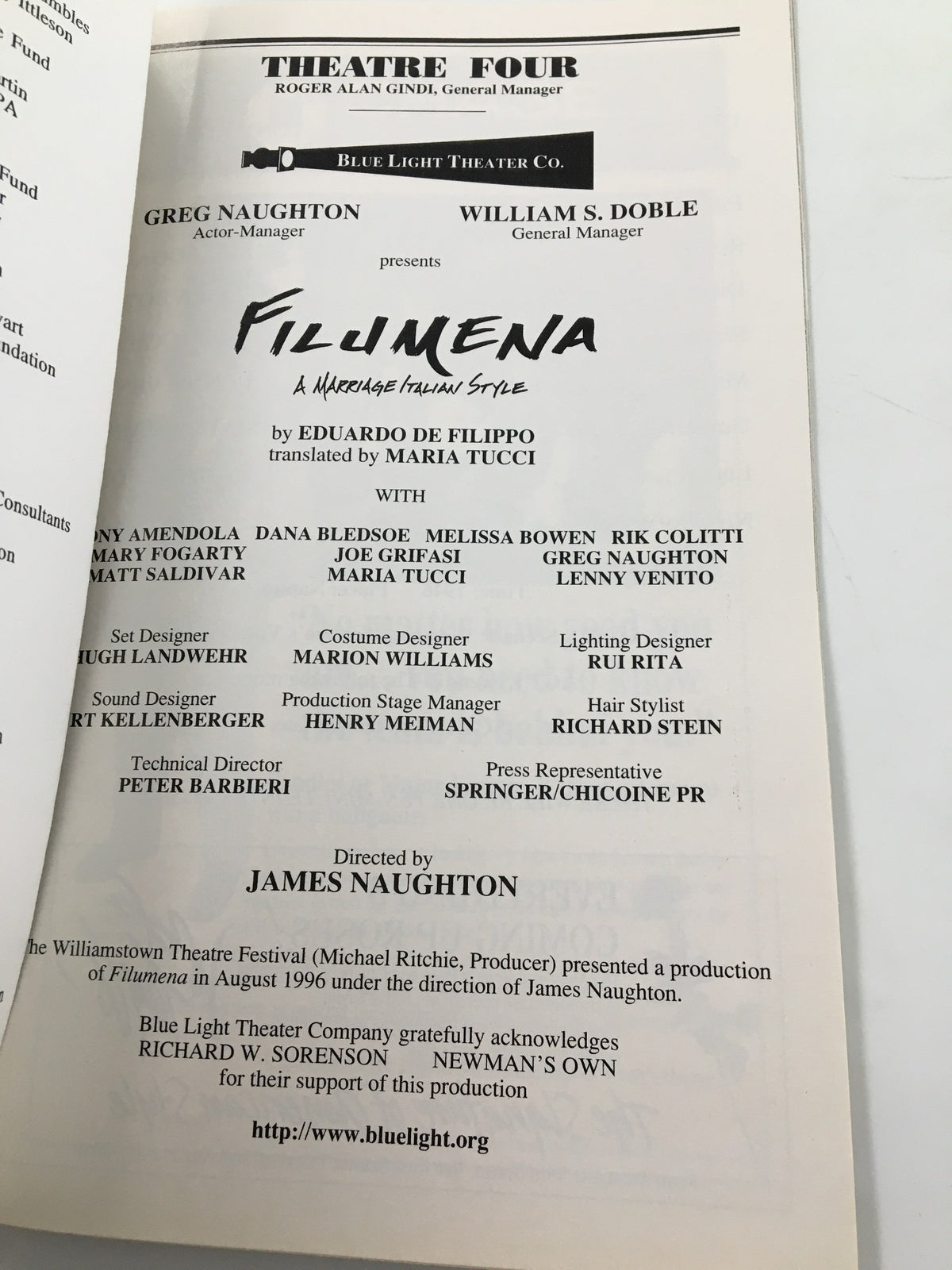 Inside page of the Playbill for Filumena: A Marriage Italian Style detailing the cast and production credits for the 1997 performance.