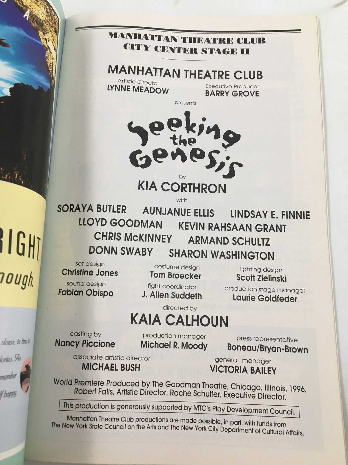 1997 Playbill Manhattan Theatre Club featuring Soraya Butler in Seeking the Genesis, showcasing cast listings and production details from the performance.