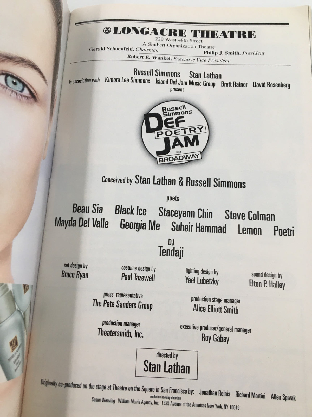 Inside page of the 2003 Playbill from Russell Simmons Def Poetry Jam on Broadway, featuring the cast list and production details.