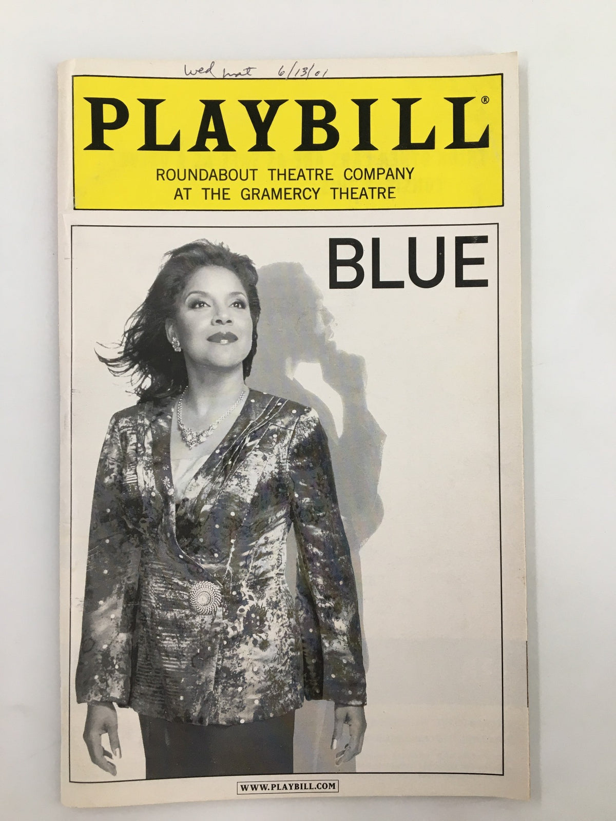2001 Playbill featuring Phylicia Rashad and Hill Harper in the production Blue at the Gramercy Theatre, showcasing an elegant black and white cover.