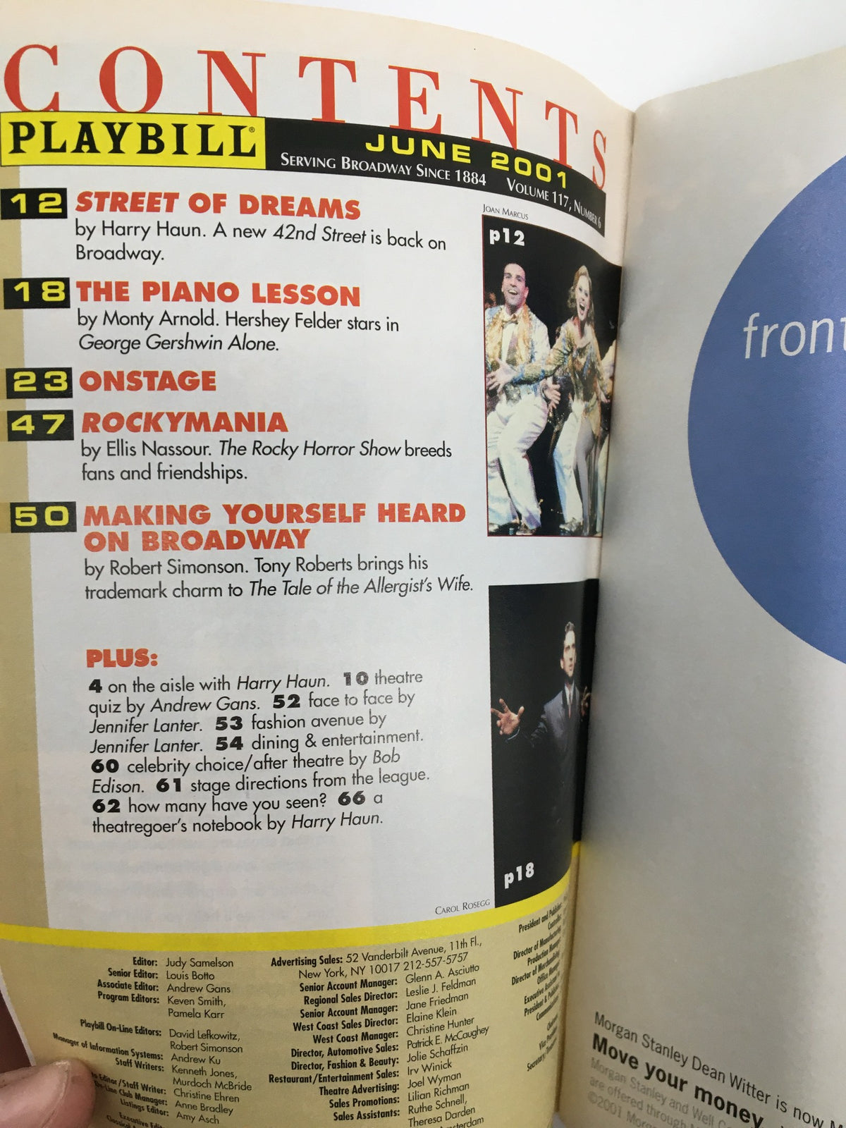 Table of contents page from the 2001 Playbill, providing a glimpse into the featured performances and articles for June.