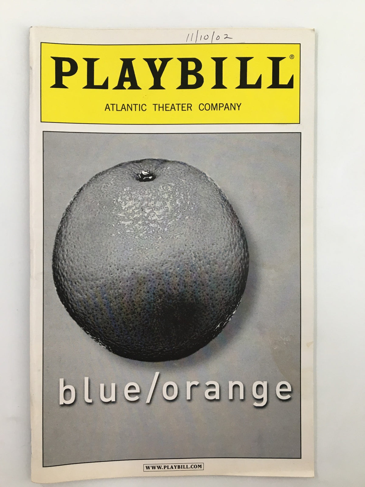 2002 Playbill for Atlantic Theater Company production of Blue/Orange featuring a prominent image of a textured blue/orange fruit on the cover.