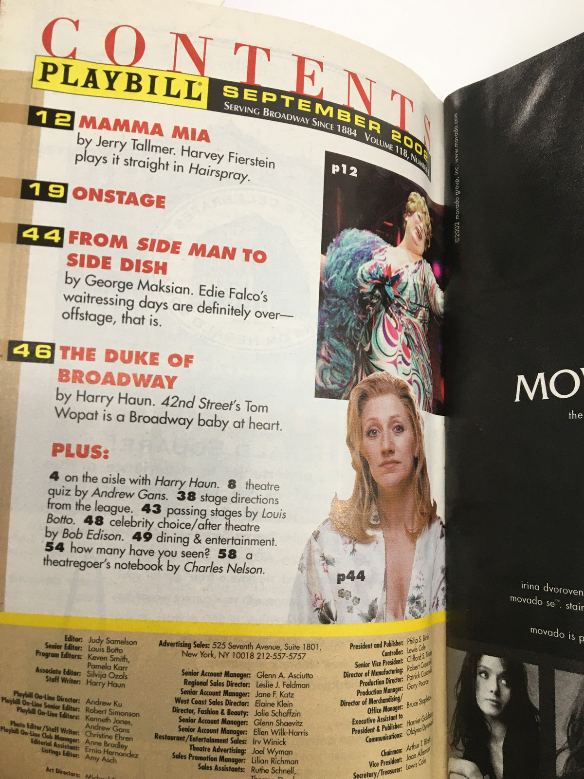 Content page of the 2002 Playbill for the Atlantic Theater Company production of The Butter and Egg Man, featuring highlights from other shows and performances.