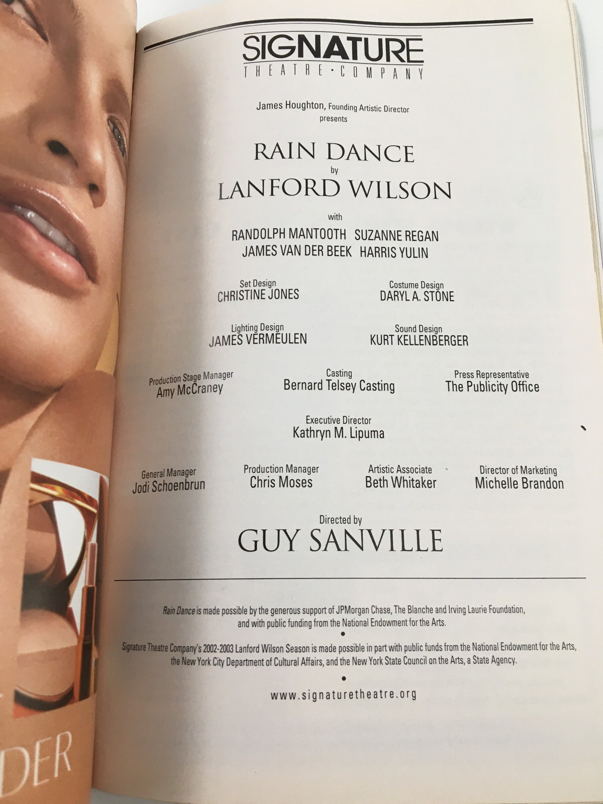 Detailed inside page of the 2003 Playbill for The Peter Norton Space Rain Dance by Lanford Wilson, featuring cast and crew information along with creative team credits.