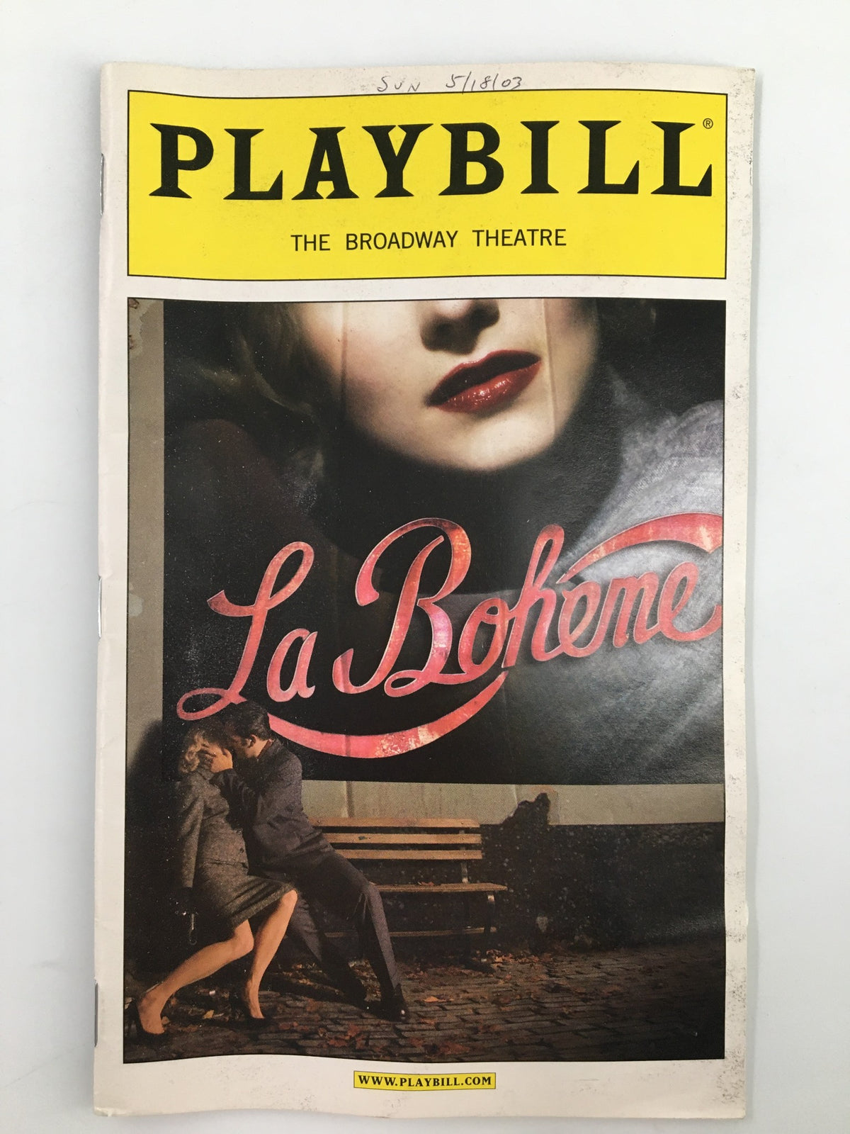 2003 Playbill for La Bohème featuring a striking cover design, showcasing the Broadway Theatre production directed by Baz Luhrmann, with notable performance by Alfred Boe.