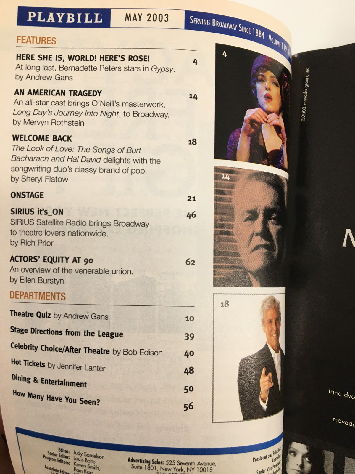 2003 Playbill for La Bohème featuring articles and highlights from the May edition, including Gypsy and Broadway events.