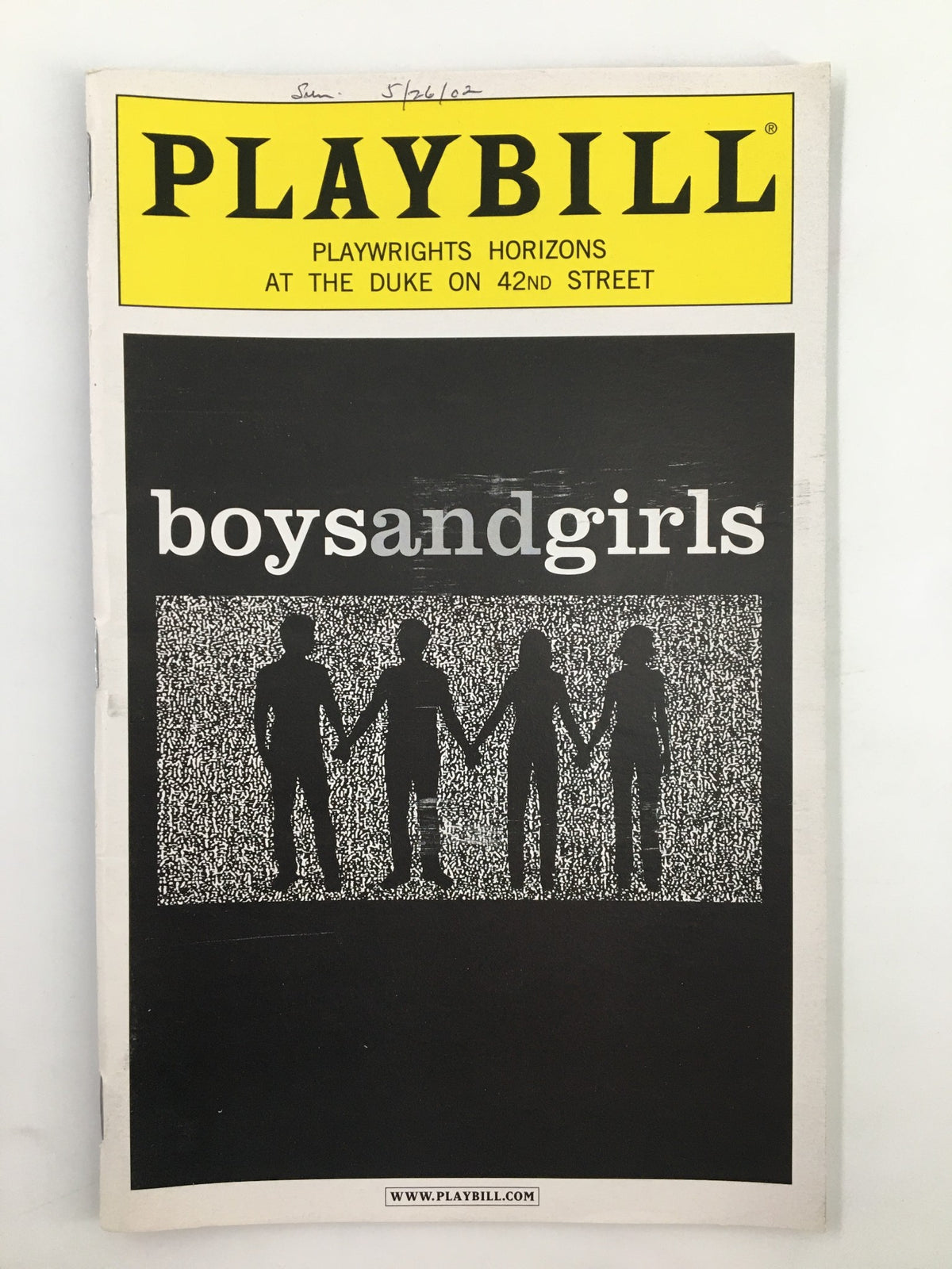 2002 Playbill for Playwright Horizons featuring Nadia Dajani in Boys and Girls, showcasing the cover design with four figures holding hands against a black background.