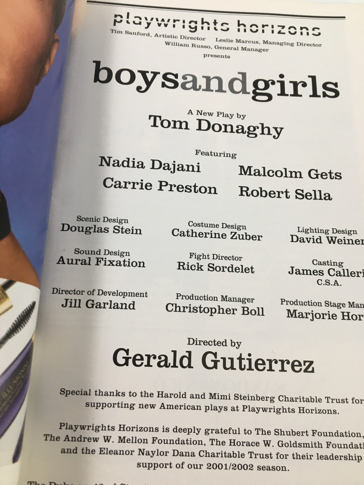 2002 Playbill Playwright Horizons Nadia Dajani in Boys and Girls, showcasing the cast and creative team details for the play written by Tom Donaghy.