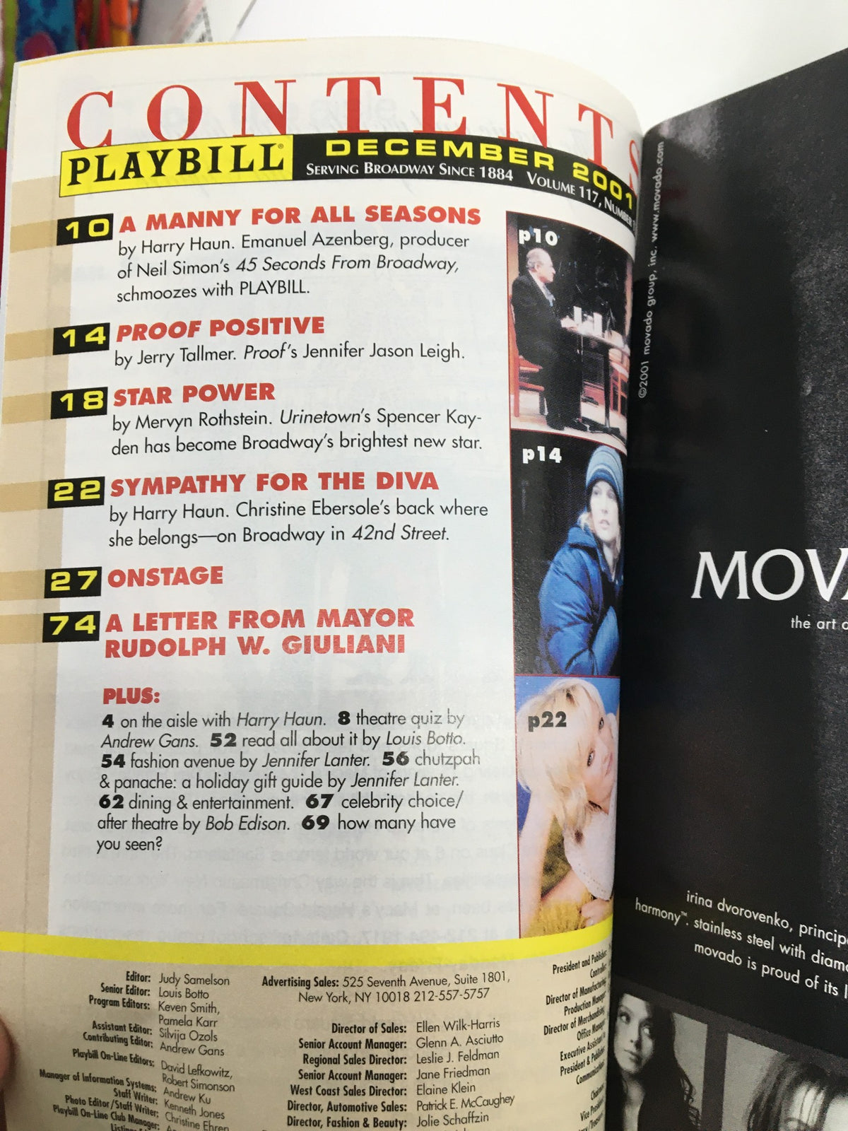 Inside content page of the 2001 Playbill for Lore Noto Presents The Fantasticks, featuring various segments including star power and Broadway insights.