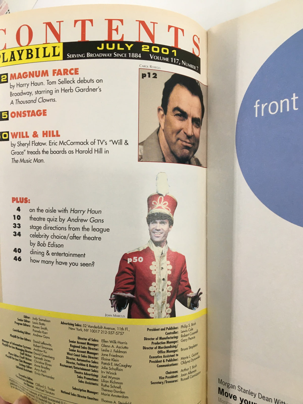 Contents page from the July 2001 Playbill for 'Stones in His Pockets', featuring articles on theater and Broadway.
