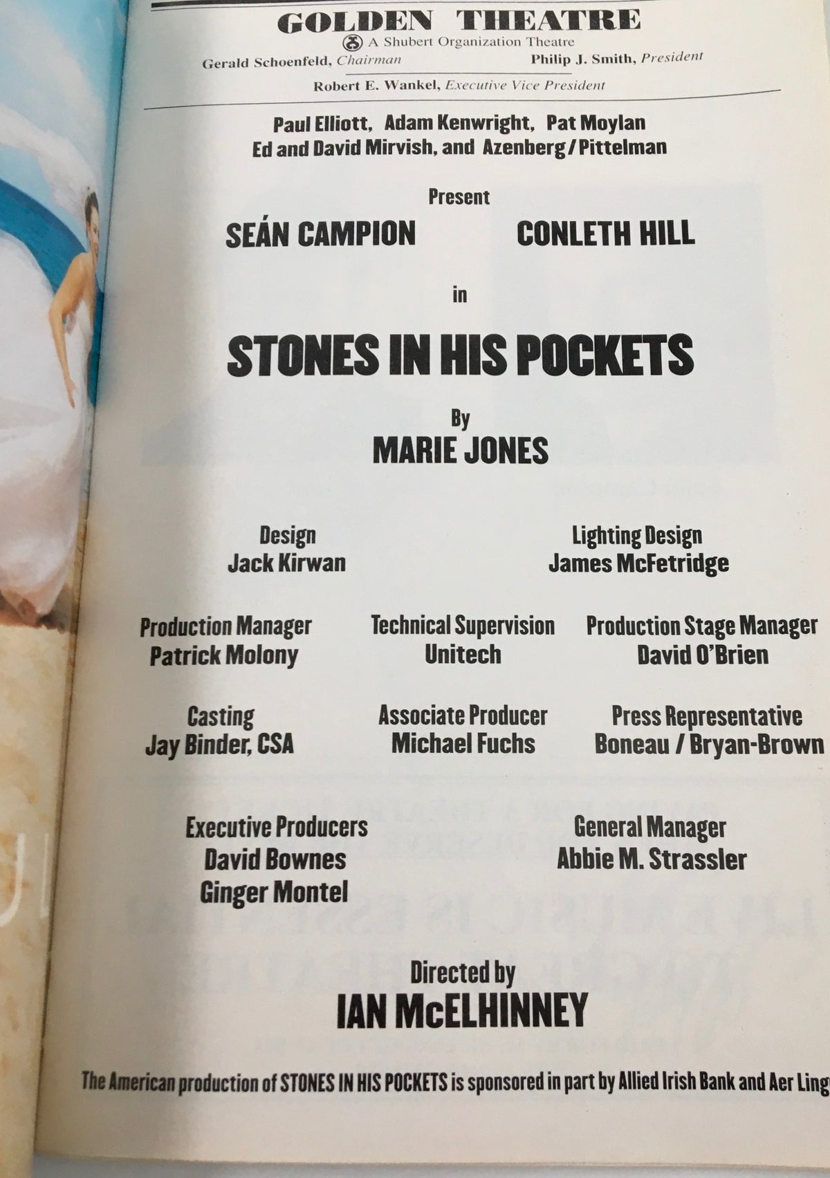 Page from the 2001 Playbill for 'Stones in His Pockets' at the Golden Theatre, detailing cast and creative team.