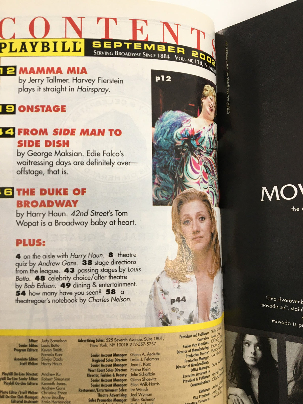 Contents page of the 2002 Playbill for The World Over by Keith Bunin, showcasing listings of featured performances including Mamma Mia and The Duke of Broadway.