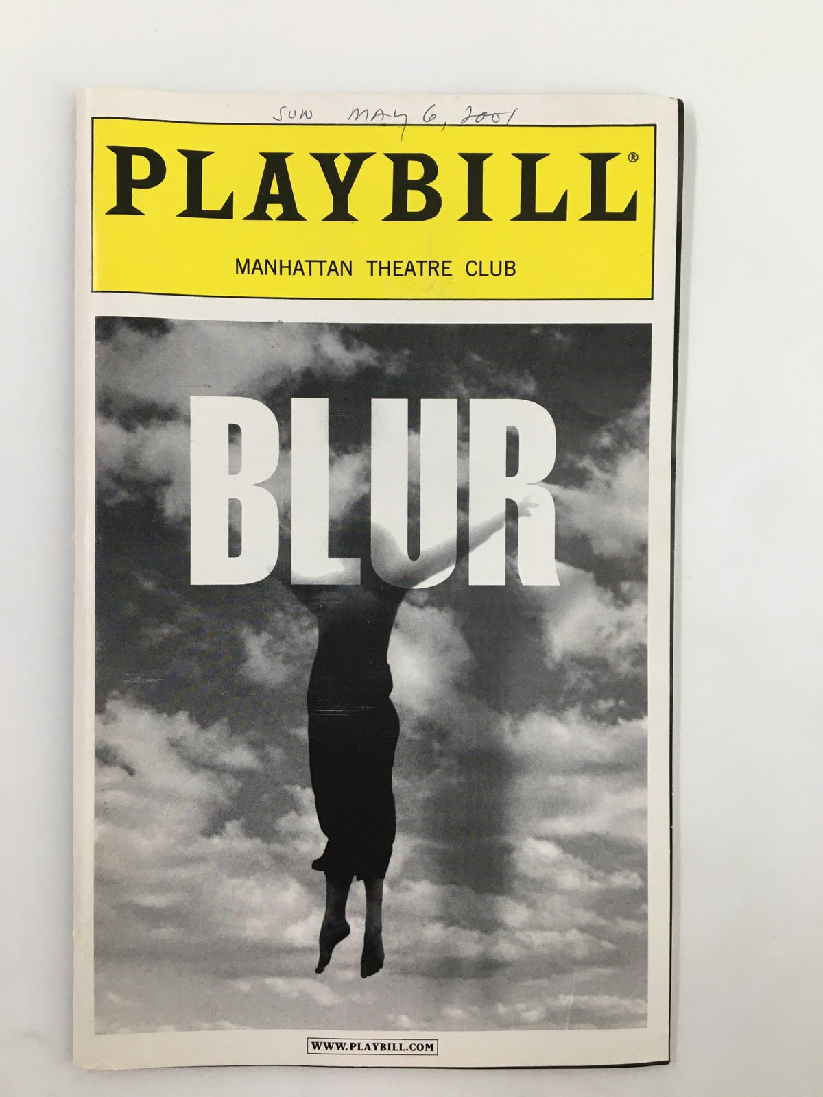 2001 Playbill for 'Blur' by Melanie Marnich, featuring a black and white image of a figure jumping against a cloudy sky, presented by the Manhattan Theatre Club.