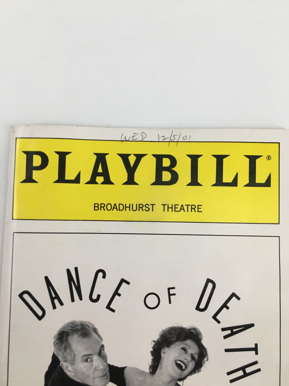 Close-up of the 2001 Playbill header for Dance of Death, Broadhurst Theatre, showing the date Wednesday, December 5, 2001.