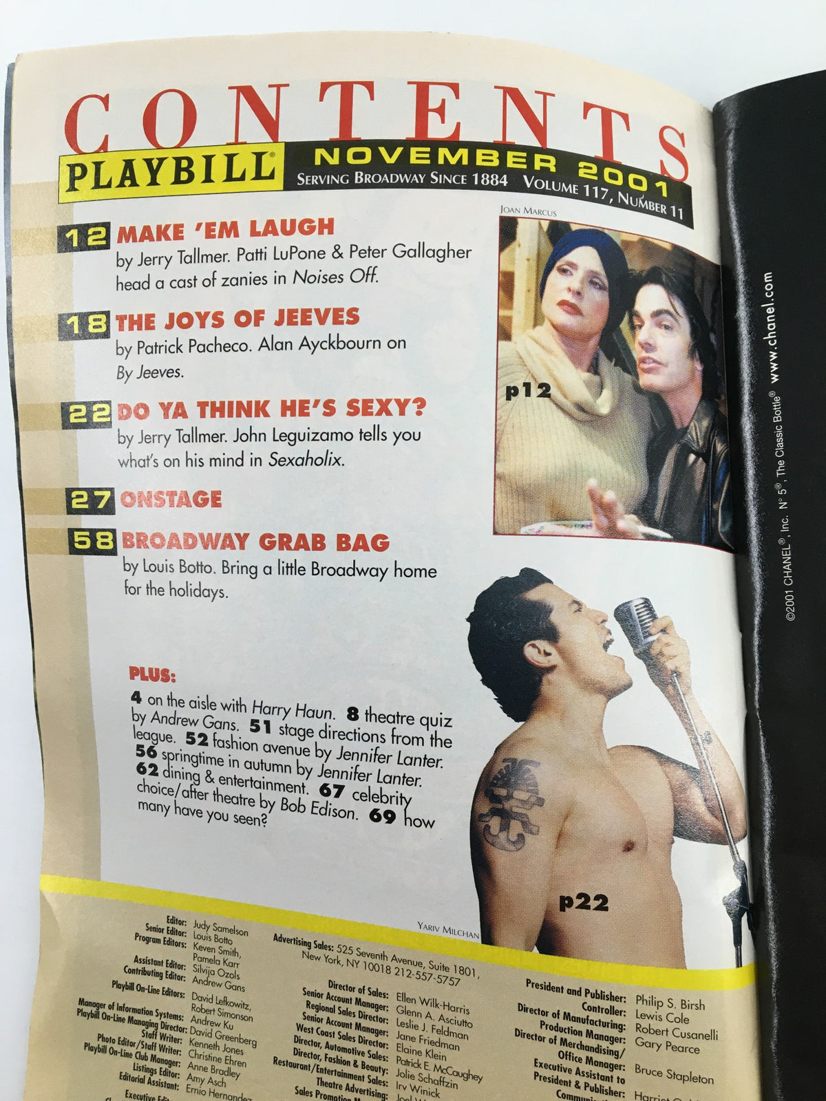 Contents page from the November 2001 Playbill, including listings for upcoming shows and features within the theatre.