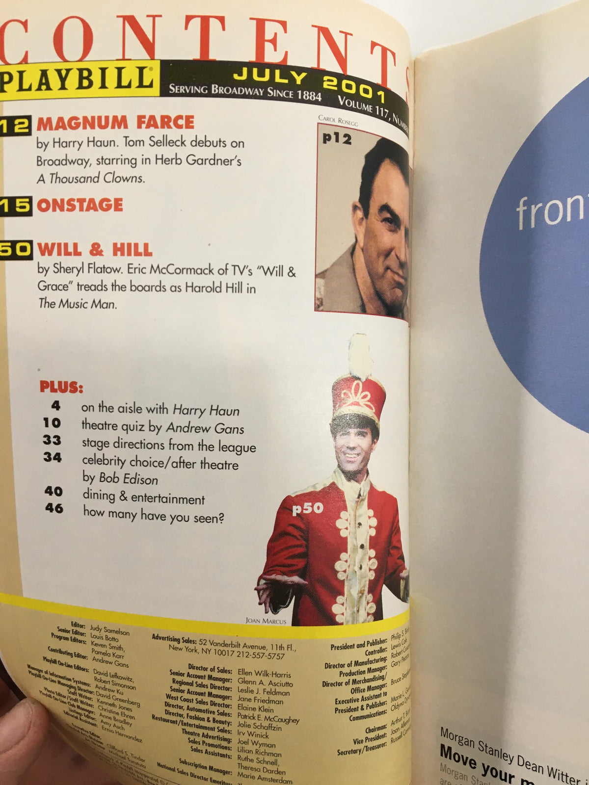 Inside page of the 2001 Playbill The Cherry Lane Theatre, including the table of contents from July 2001, related to the play Saint Lucy's Eyes.