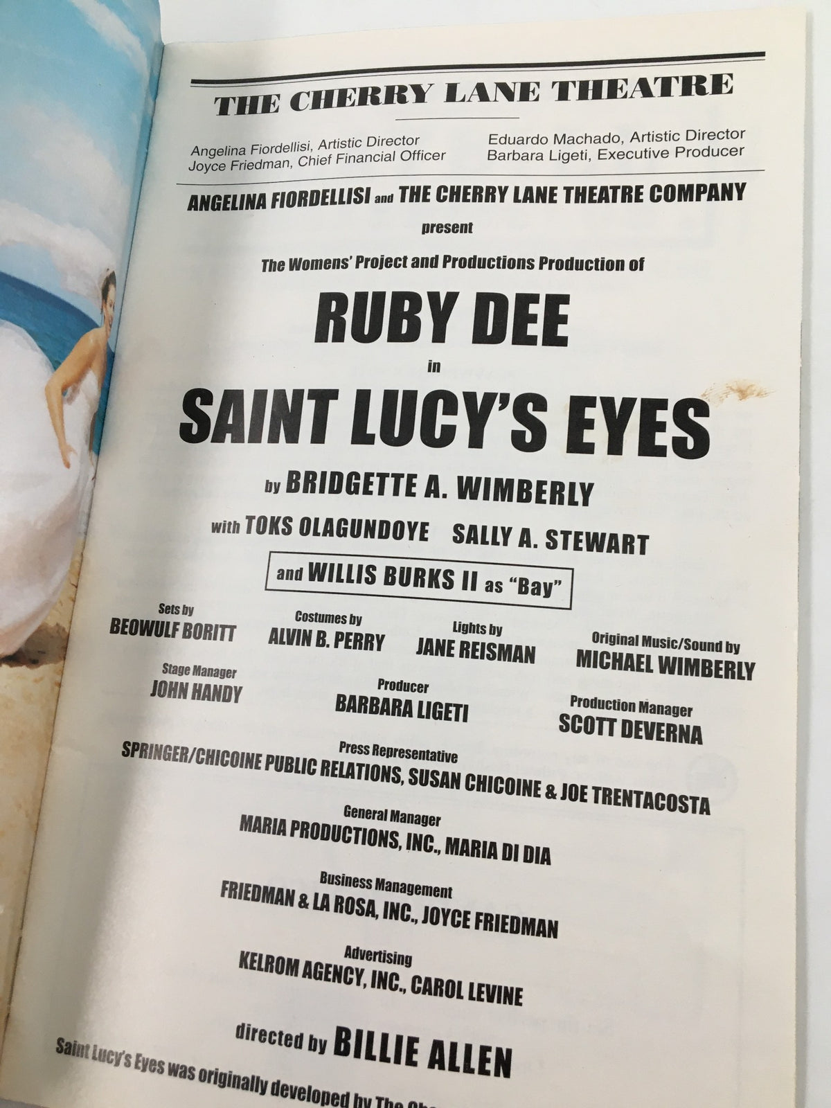 2001 Playbill for The Cherry Lane Theatre featuring Ruby Dee in Saint Lucy's Eyes, showcasing the cast and creative team.
