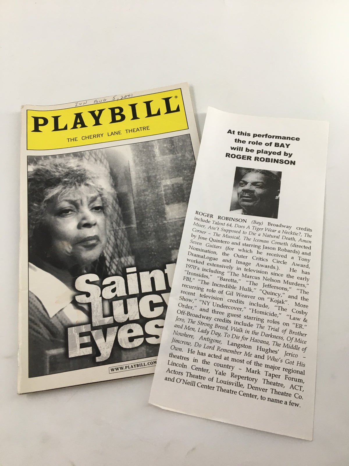 2001 Playbill from The Cherry Lane Theatre for Saint Lucy's Eyes, opened with promotional material and featuring a photo of Ruby Dee.