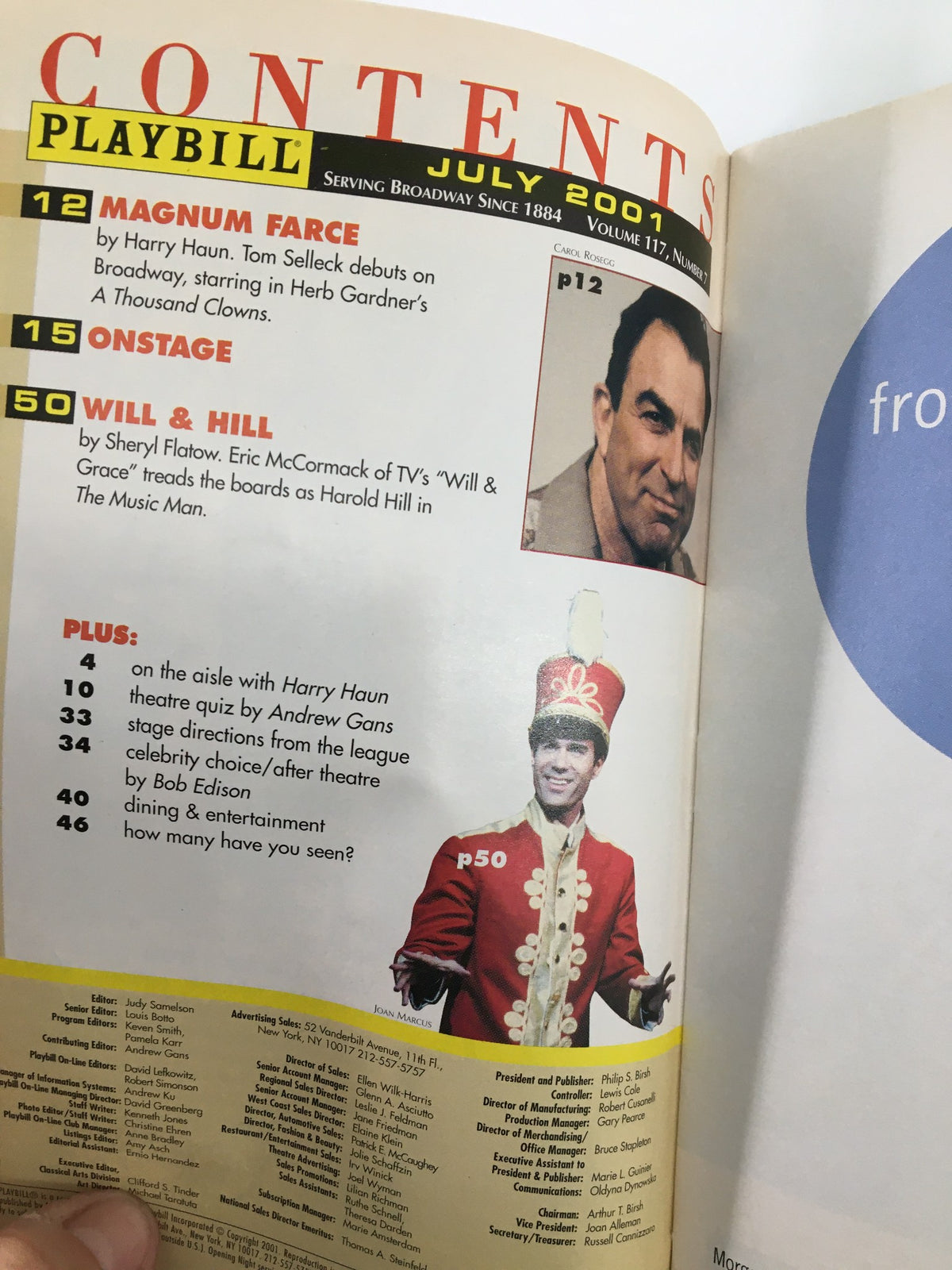 Contents page of the 2001 Playbill for One Flew Over The Cuckoo's Nest, including articles and features from July 2001.