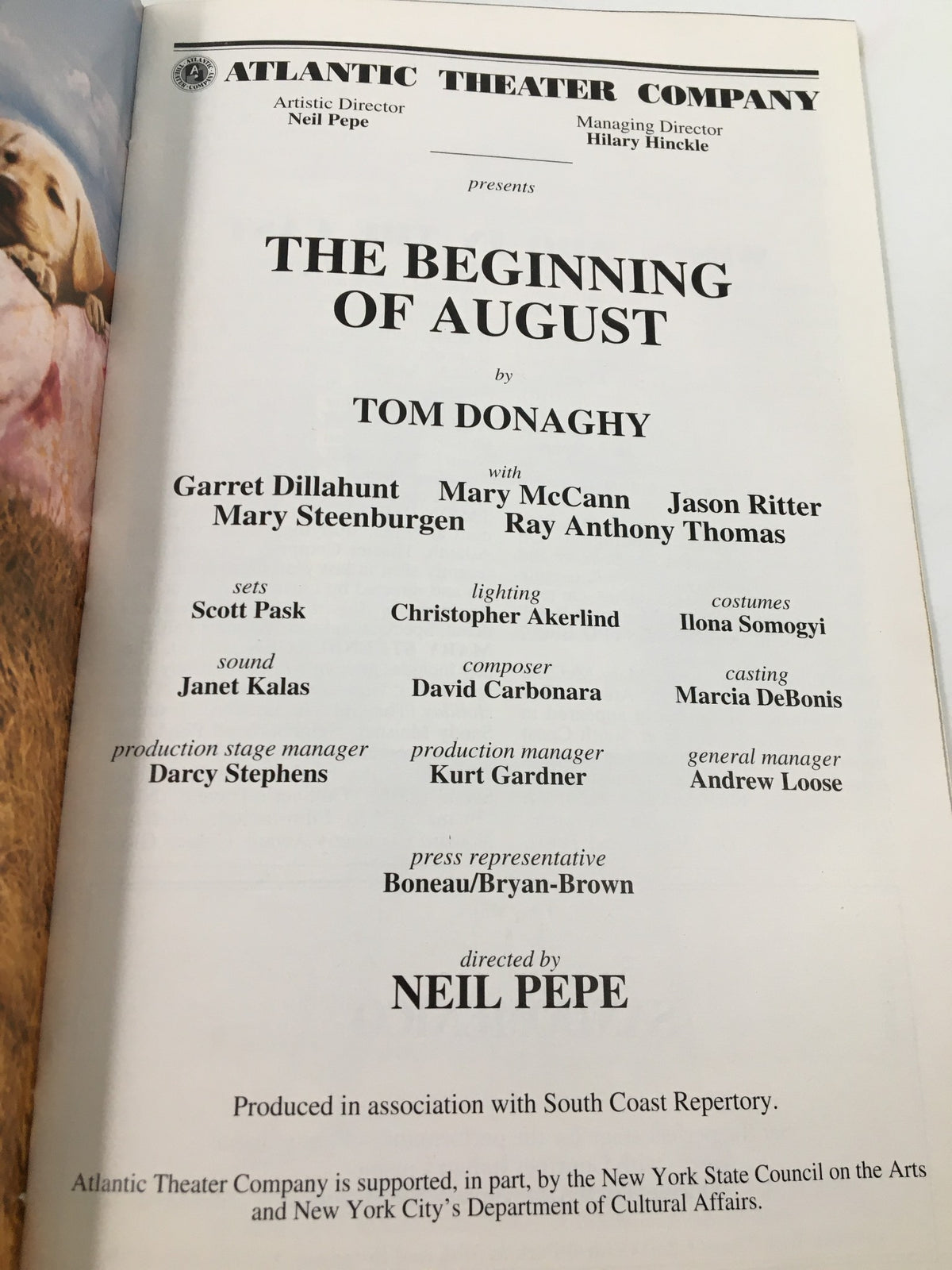 Page from the 2000 Playbill featuring 'The Beginning of August,' with cast details including Garret Dillahunt, Mary Steenburgen, and Ray Anthony Thomas, highlighting the performance's creative team and production information.