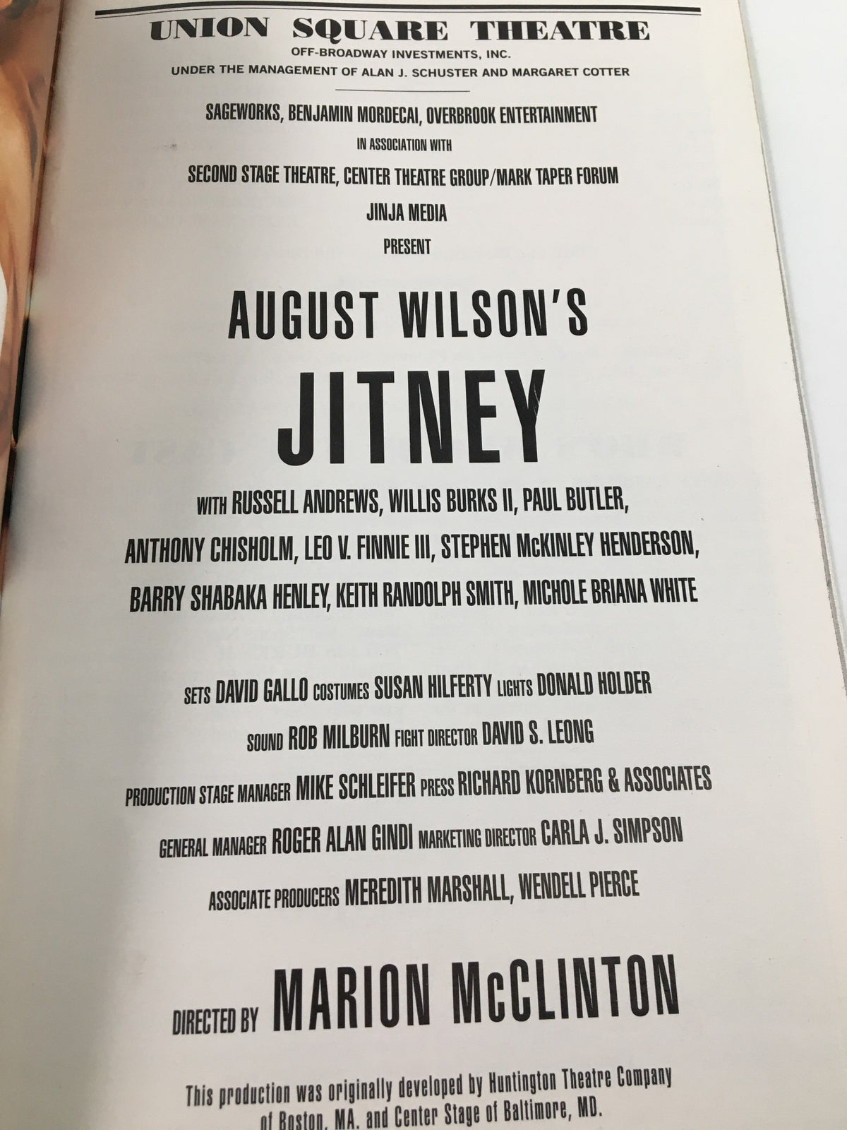 Page from the 2000 Playbill from Union Square Theatre detailing the cast and crew of August Wilson's Jitney, highlighting the production team.