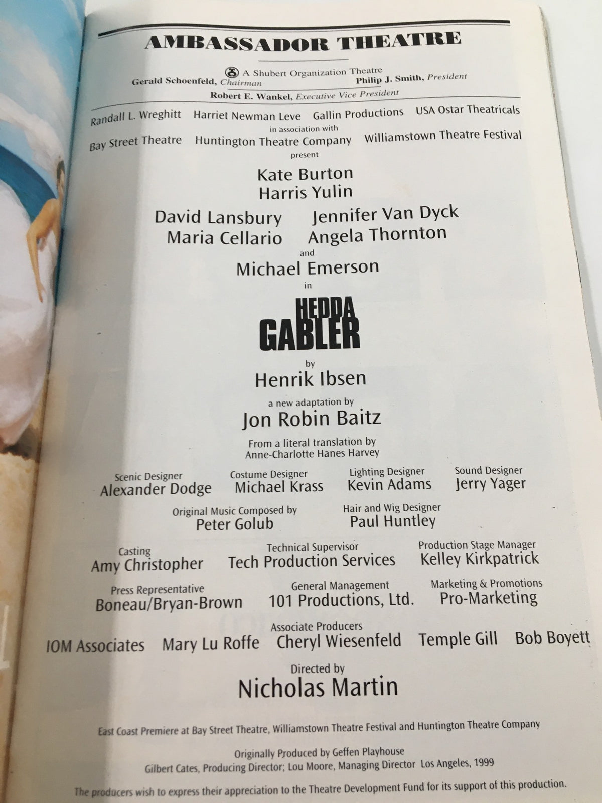 Ambassador Theatre page from the 2001 Playbill displaying cast and production crew details for 'Hedda Gabler' featuring Kate Burton and Henrik Ibsen.