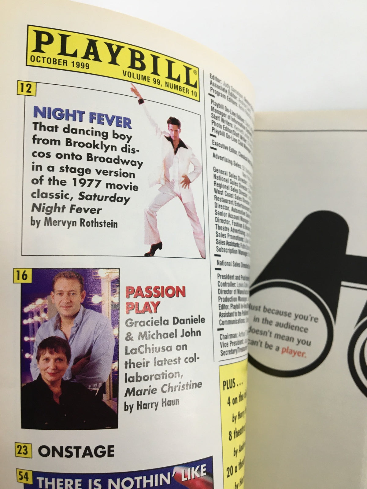 Inside page of the October 1999 Playbill showing advertisements including 'Night Fever' and 'Passion Play', with the title 'It Ain't Nothin' But The Blues' prominently featured.
