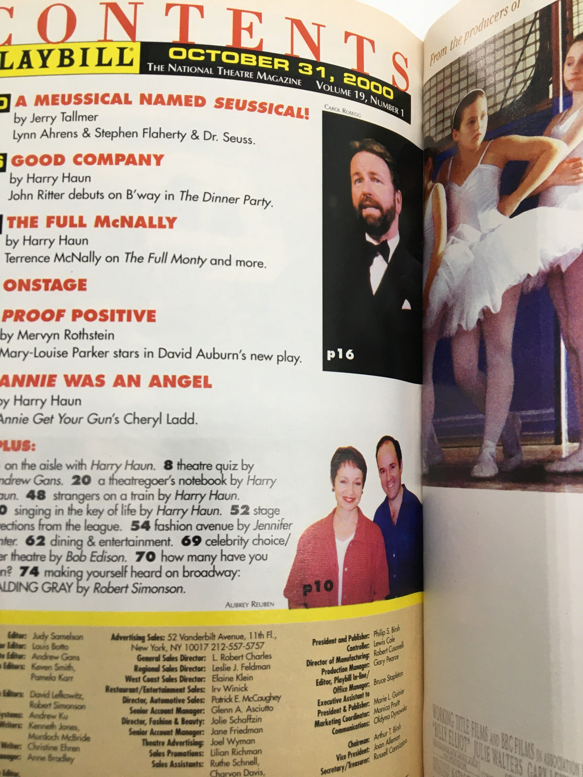 Contents page of the 2000 Playbill for 'Dirty Blonde' at The Helen Hayes Theatre, highlighting featured shows and performances.