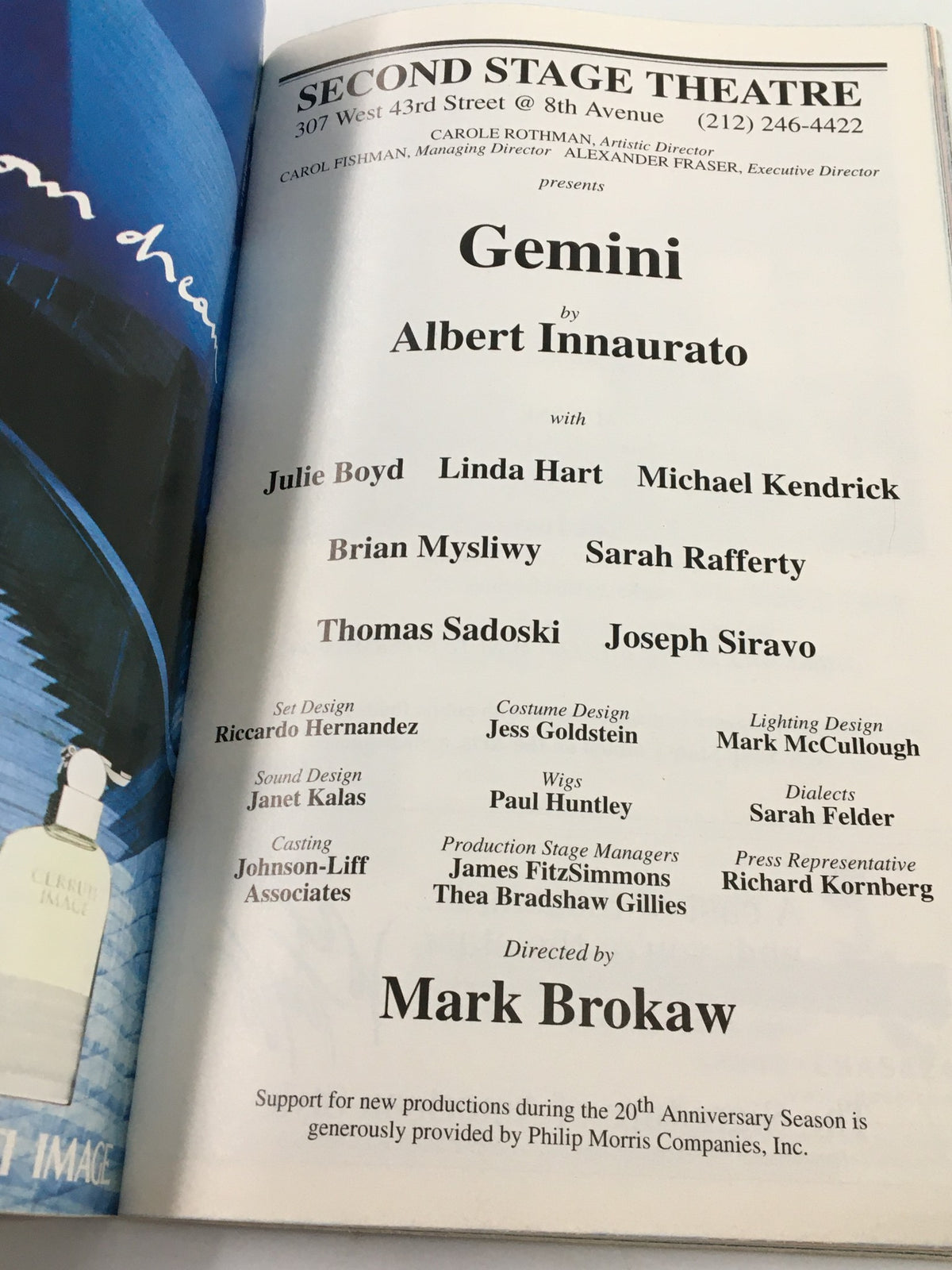Interior advertisement page from the 1999 Playbill for 'Gemini' by Albert Innaurato, featuring cast and crew credits for the production at Second Stage Theatre.