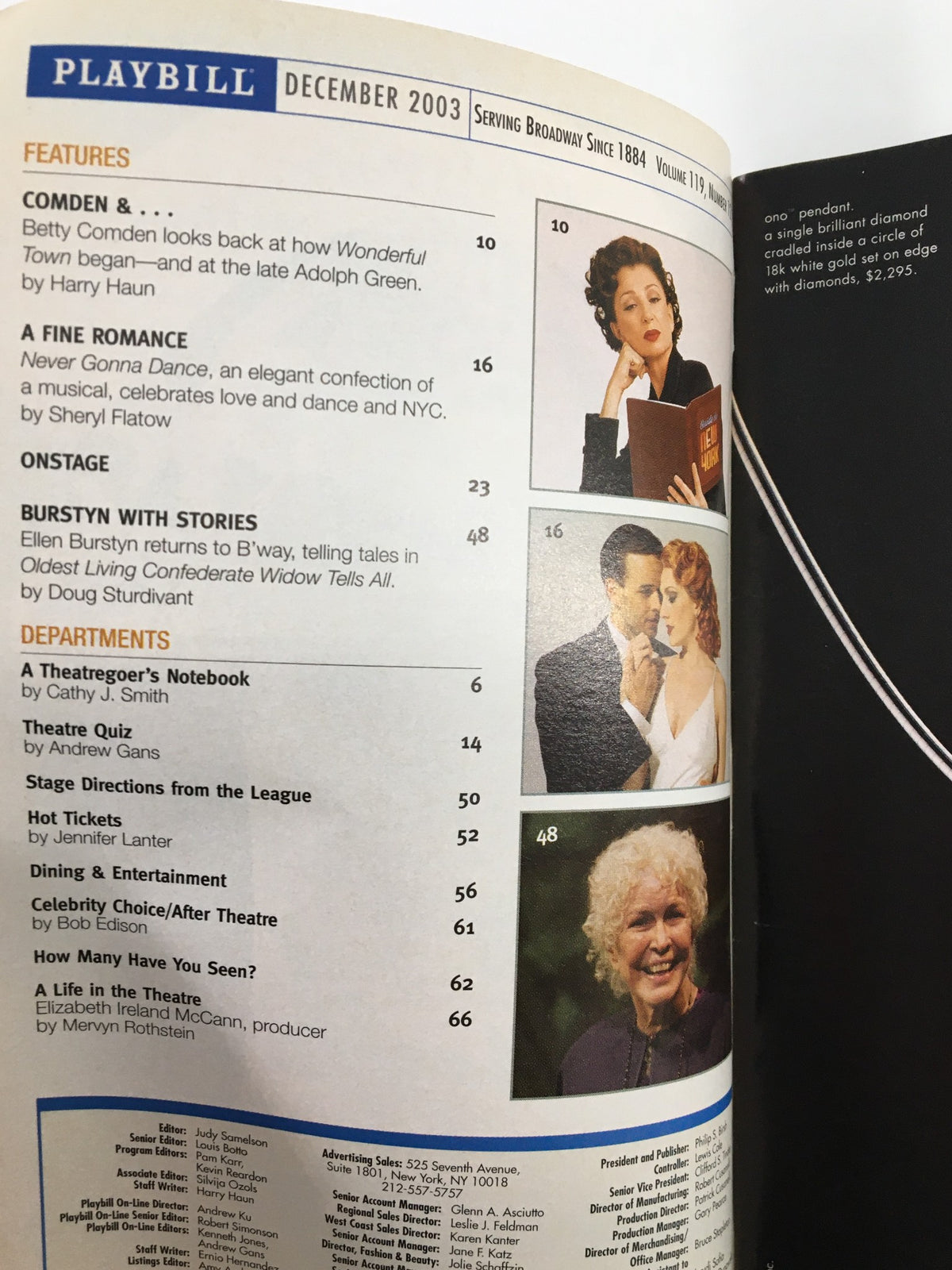 Inside pages of the December 2003 Atlantic Theater Company Playbill highlighting features and articles.