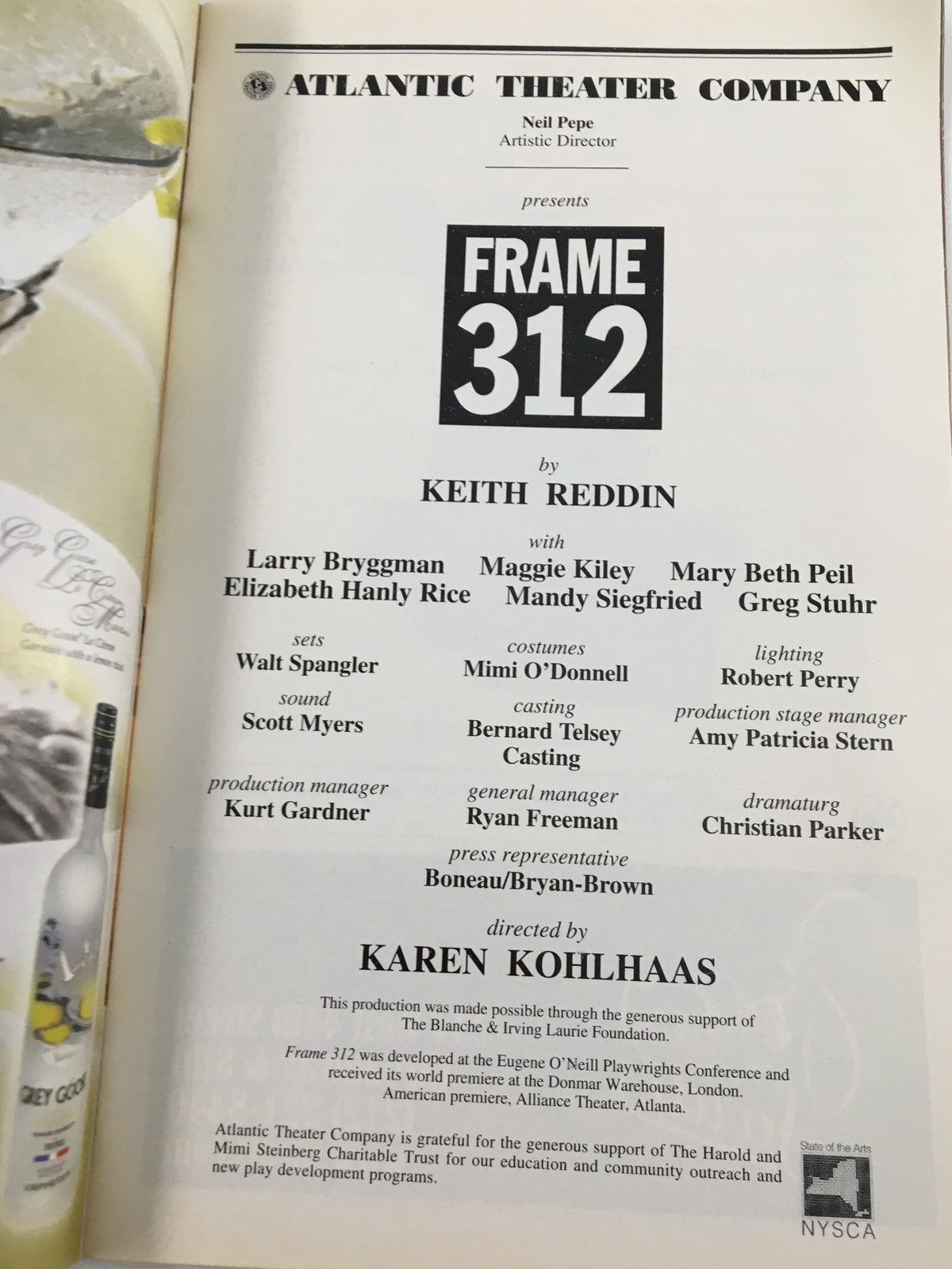 Back cover of the 2003 Playbill for Frame 312 at Atlantic Theater Company, showcasing the cast and crew.