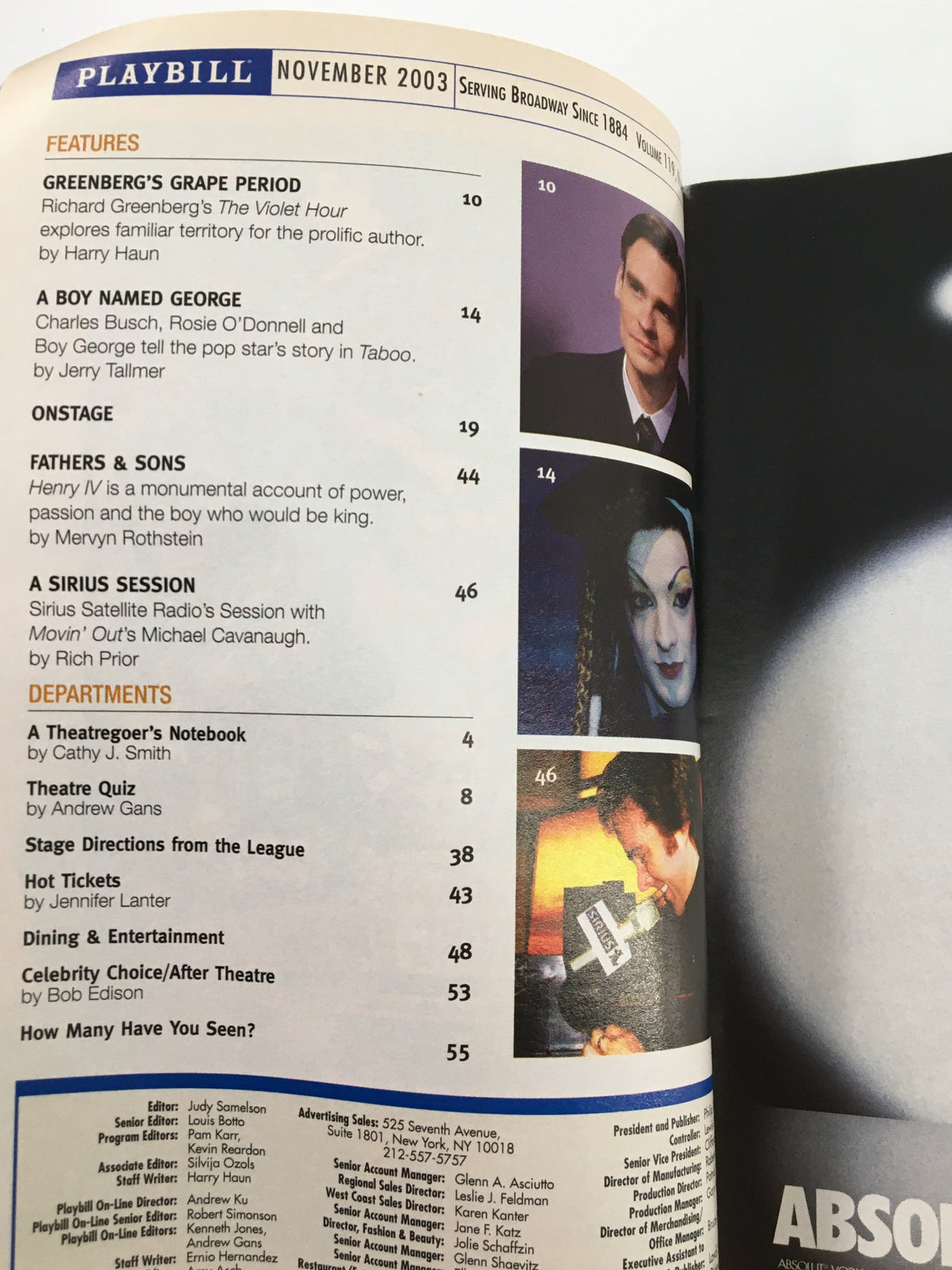 Inside page of the November 2003 Playbill for The Story by Tracey Scott Wilson, featuring a list of articles and features related to theater and performances.