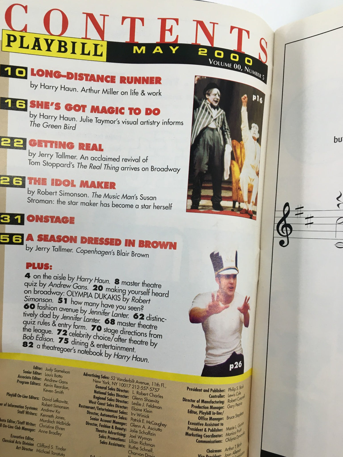 2000 Playbill Manhattan Theatre Club contents page from May 2000, listing articles and features including details about the theatrical production 'Proof'.