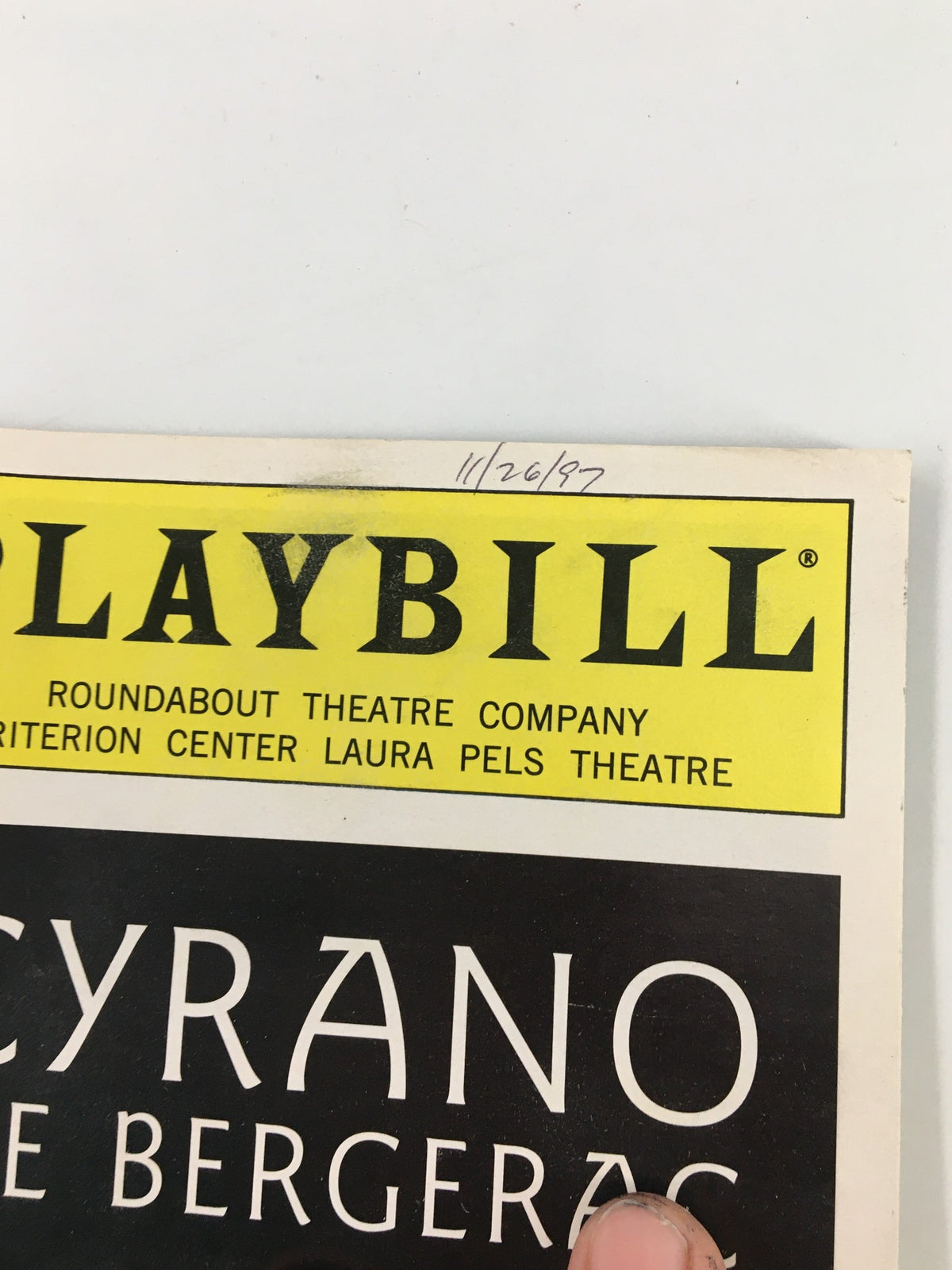 Cover of the 1997 Playbill for Cyrano de Bergerac featuring Frank Langella at the Laura Pels Theatre.