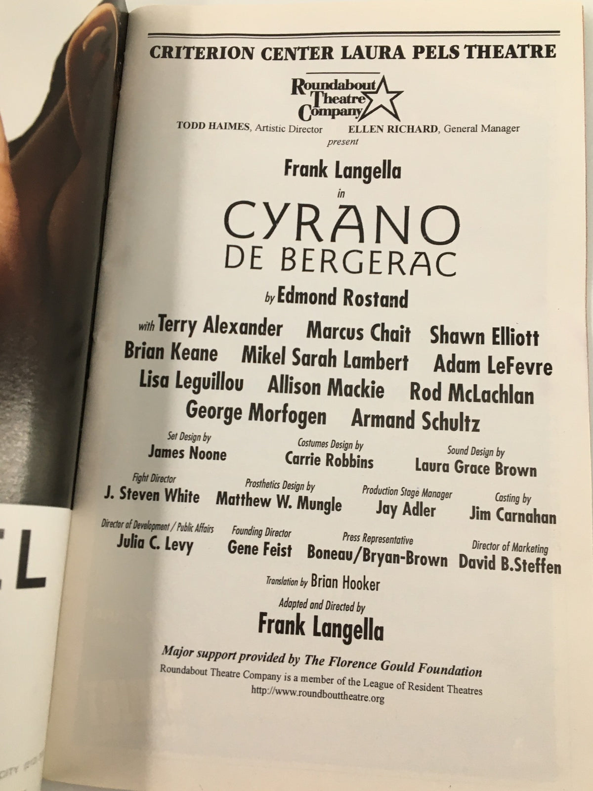 Cast and credits page of the 1997 Playbill for Cyrano de Bergerac starring Frank Langella, presented at the Laura Pels Theatre.