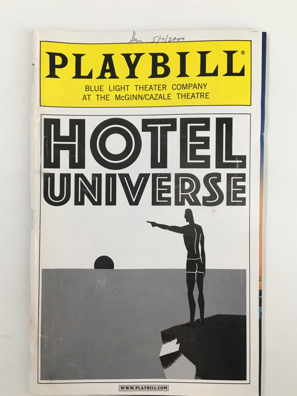 2000 Playbill for Hotel Universe at The McGinn/Cazale Theatre featuring a striking black and white cover design with a silhouette on the edge of a cliff, showcasing the innovative production highlighting Katherine Alexander.