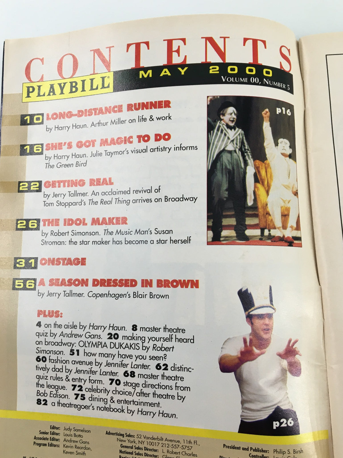 2000 Playbill The McGinn/Cazale Theatre 'Hotel Universe', showing the contents page listing various performances and articles from May 2000.
