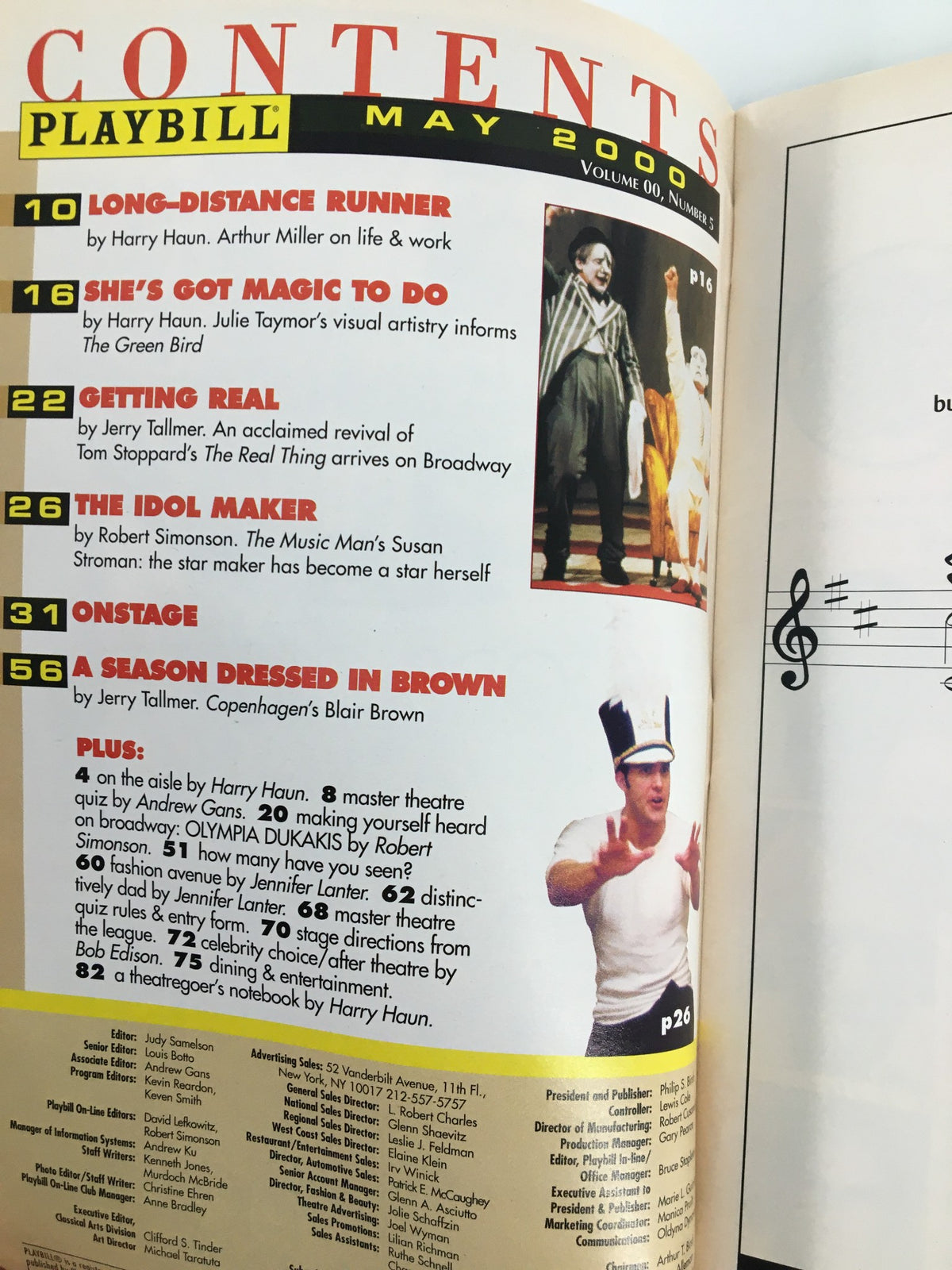 Inside contents page of the 2000 Playbill for Waiting In the Wings, including articles and features from the May 2000 issue, with the title prominently displayed.