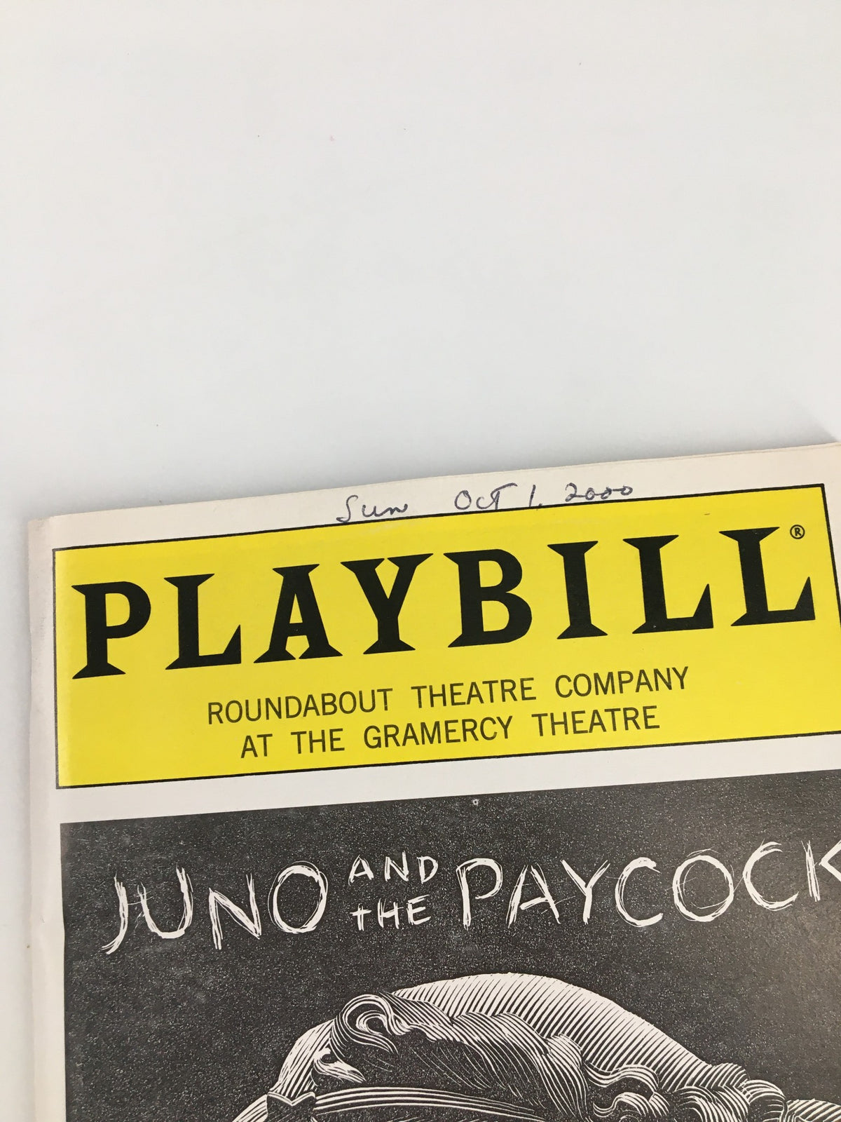 Close-up of the 2000 Playbill for Juno and The Paycock, displaying the title and details of the performance at the Gramercy Theatre.