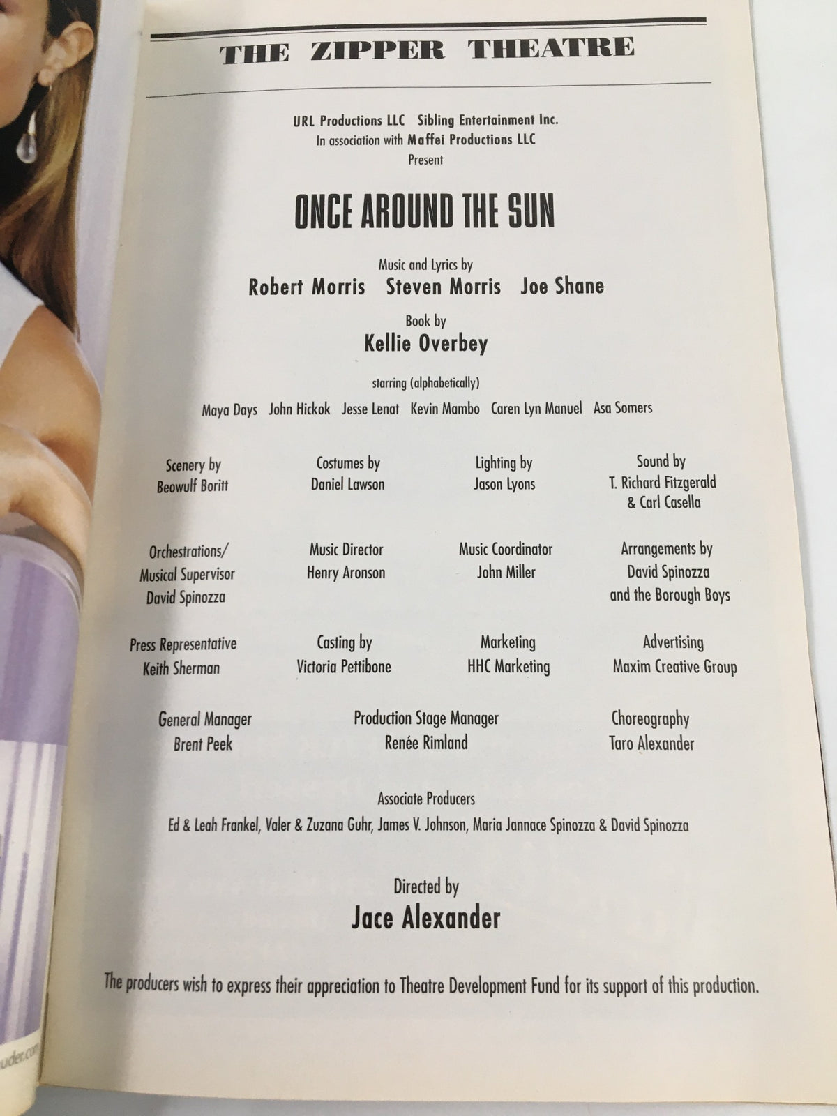 Inside page of the 2005 Playbill from The Zipper Theatre detailing the cast and creative team for the production Once Around The Sun.