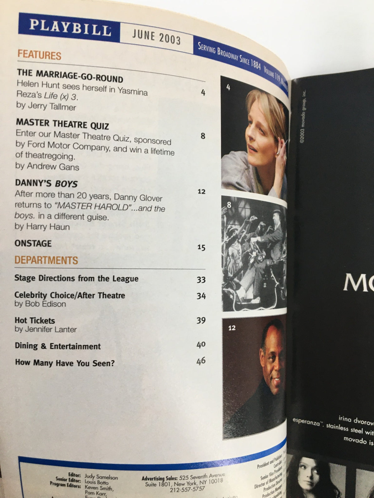 Inside page of the June 2003 Playbill from Union Square Theatre, featuring articles and highlights, including mentions of well-known performances and actors, relevant to 'Our Lady of 121st Street' starring Elizabeth Canavan.