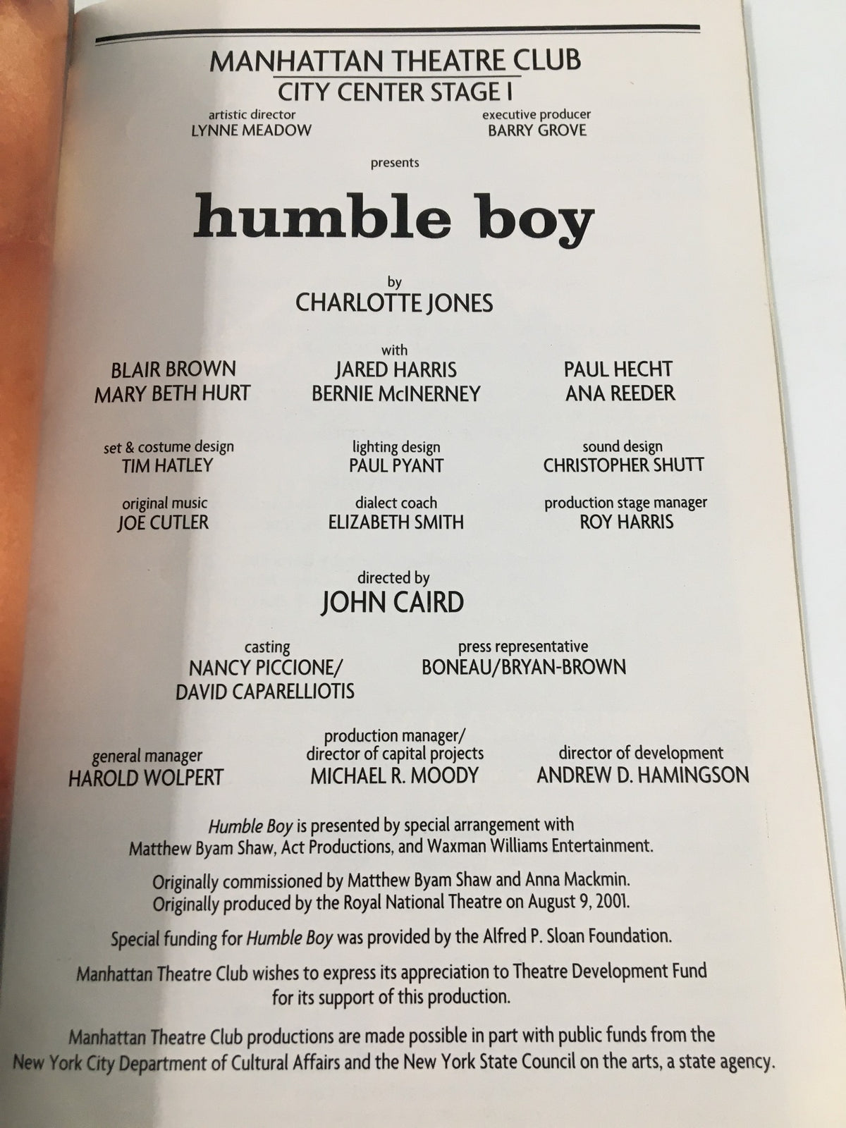 Back page of the 2003 Playbill for Humble Boy at Manhattan Theatre Club, detailing the cast and creative team, including Blair Brown and Jared Harris.