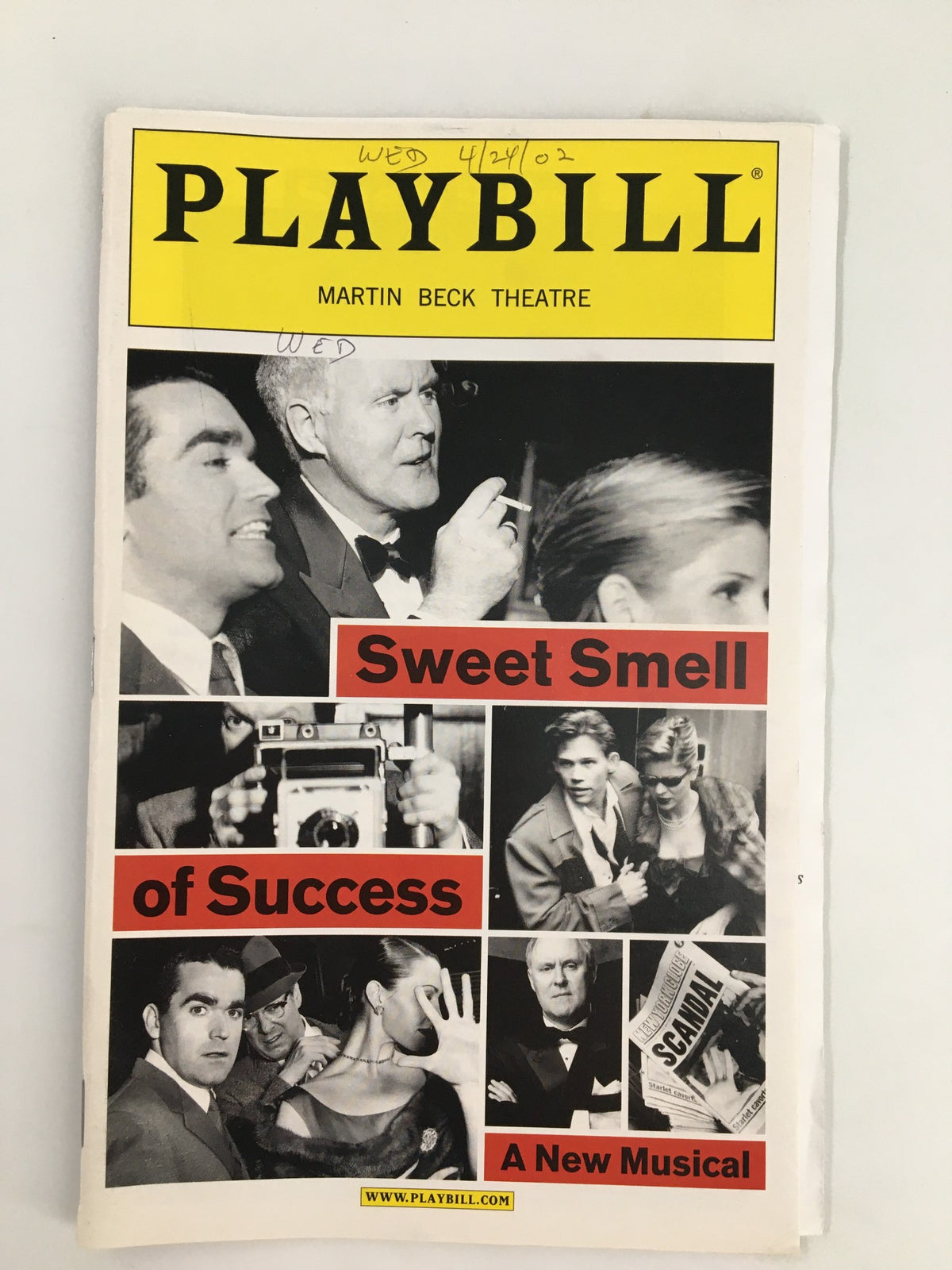 2002 Playbill from the Martin Beck Theatre featuring John Lithgow in Sweet Smell of Success, showcasing iconic images from the production.