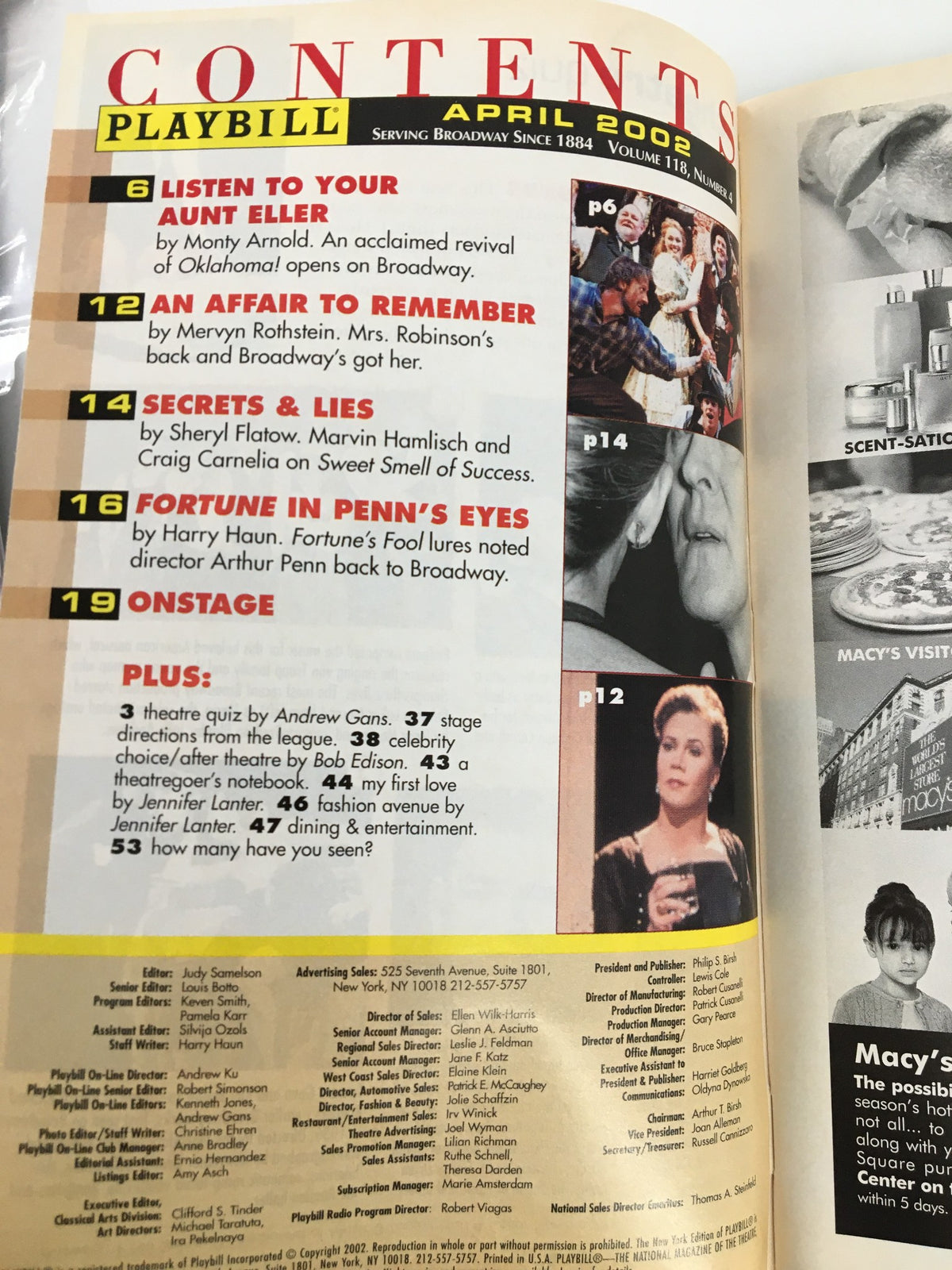 Contents page from the April 2002 Playbill for the Martin Beck Theatre featuring the production 'Sweet Smell of Success' starring John Lithgow.