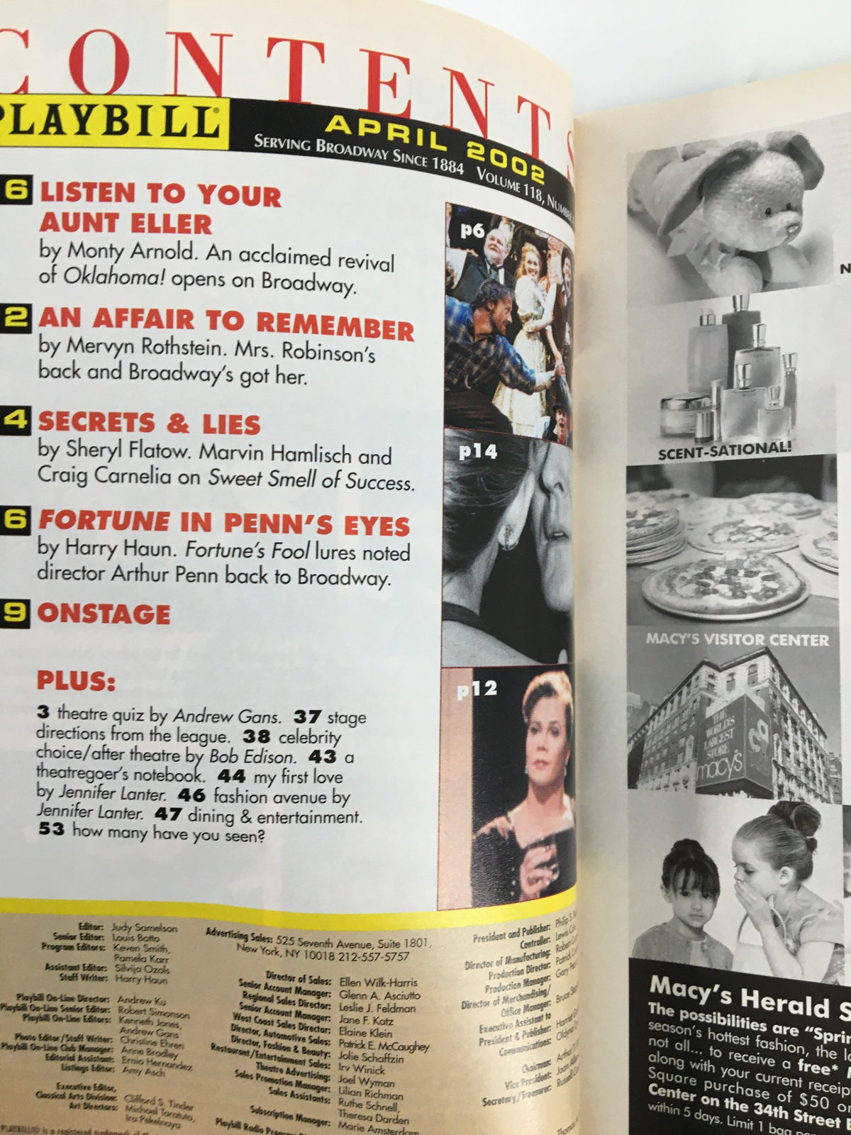 Contents page of the April 2002 Playbill, highlighting various articles and sections related to Broadway.